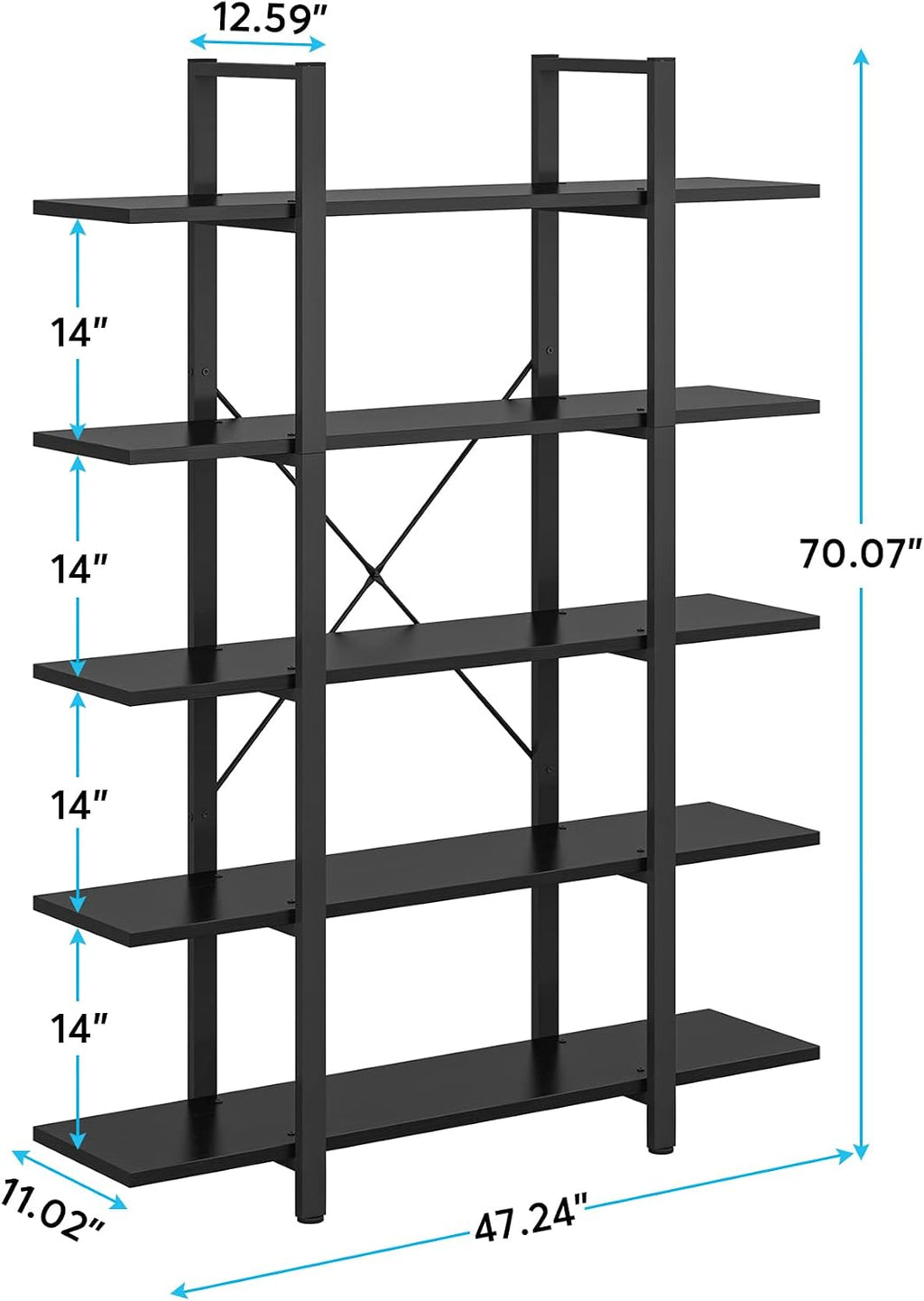 Tribesigns 5-Tier Bookshelf, Vintage Industrial Style Bookcase 72 H x 12 W x 47L Inches, Black