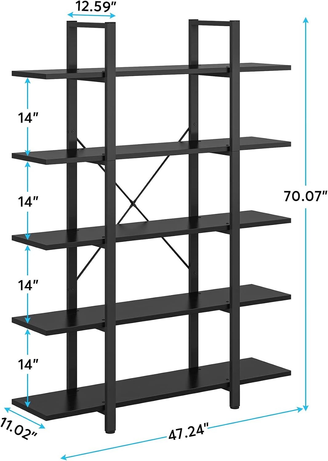 Tribesigns 5-Tier Bookshelf, Vintage Industrial Style Bookcase 72 H x 12 W x 47L Inches, Black