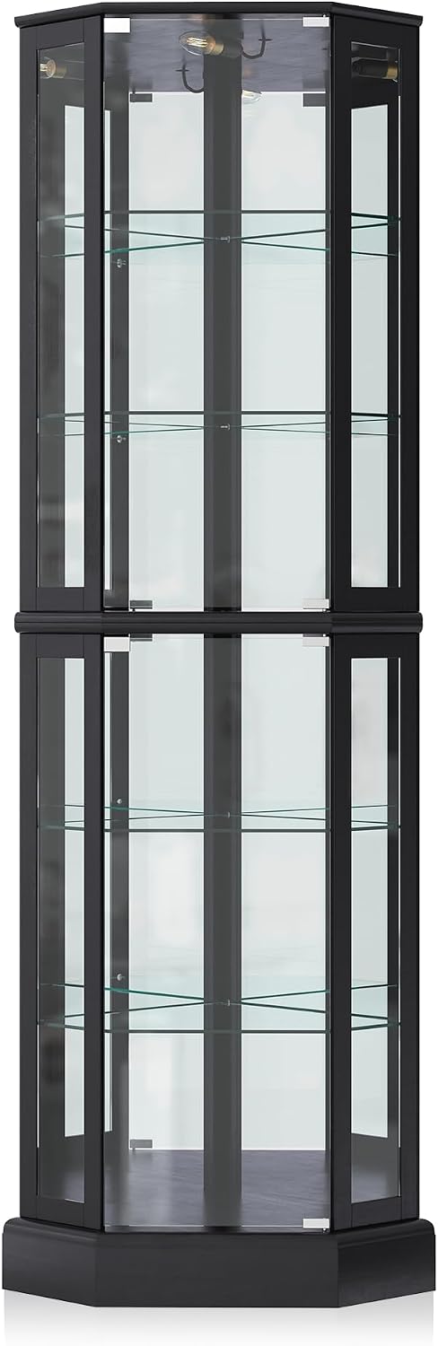 BELLEZE Lighted 3-Side Glass Display Curio Cabinet with Tempered Glass Doors and Shelves, Curved Wood Corner Cabinet with Bulb, Corner Curio Storage Rack for Bar and Liquor Storage - Ashfield (Black)
