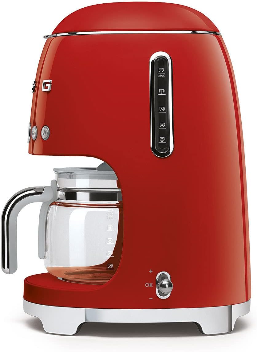 Smeg DCF02RDUK Drip Coffee Machine, Auto-Start Mode, Reuseable Filter, Digital Display, Anti-Drip System, Aroma Intensity Option, 1.4 Litre Tank, Red
