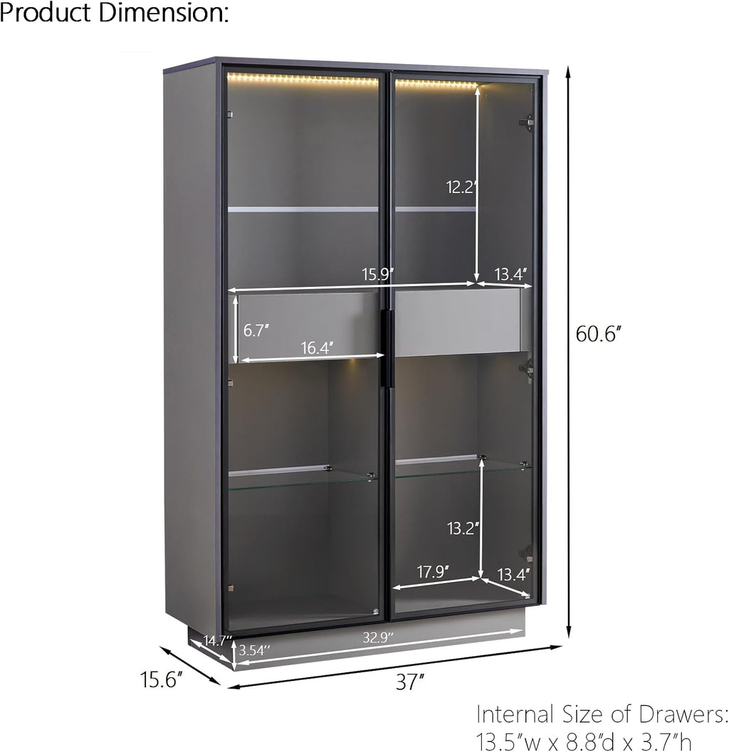 Merax Modern 4 Tier Bookshelf Bookcase with Glass Doors & 2 Drawers, 60.6' Tall Wood Display Cabinet with Adjustable Shelves for Living Room, Bedroom, Office Grey