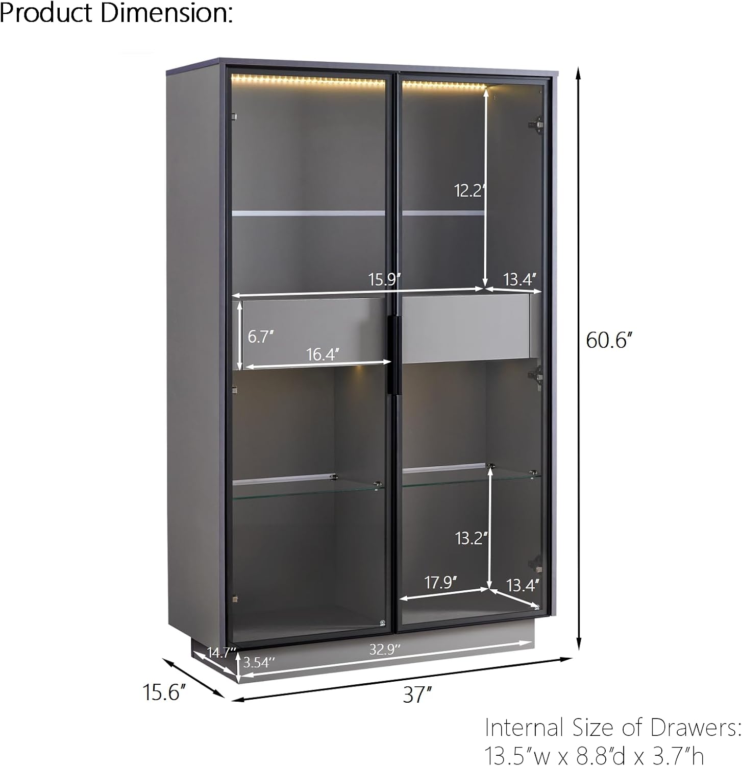 Merax Modern 4 Tier Bookshelf Bookcase with Glass Doors & 2 Drawers, 60.6' Tall Wood Display Cabinet with Adjustable Shelves for Living Room, Bedroom, Office Grey
