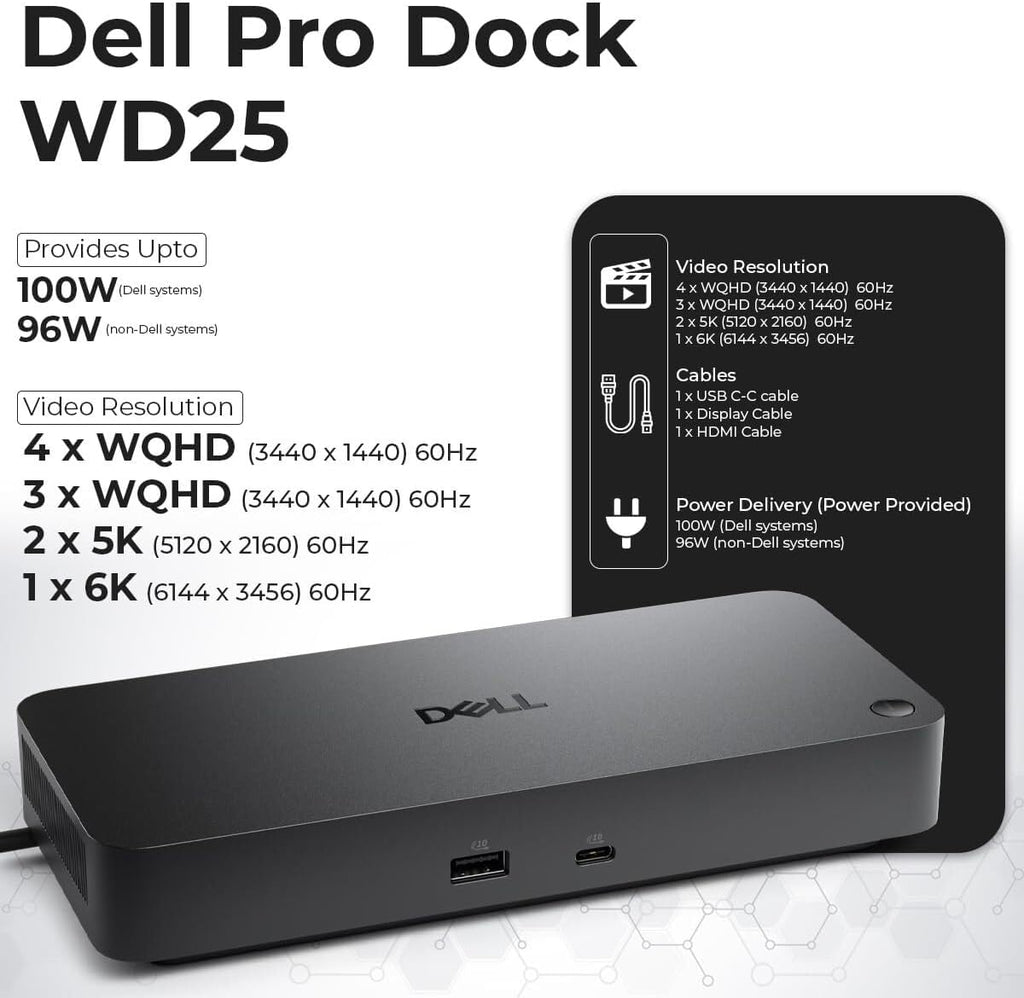 Dell Pro Dock WD25 USB-C Docking Station – 100W Power, Dual 4K Display Support, Includes Anyhdd HDMI, DisplayPort and C to C Cable, 3 Year Warranty