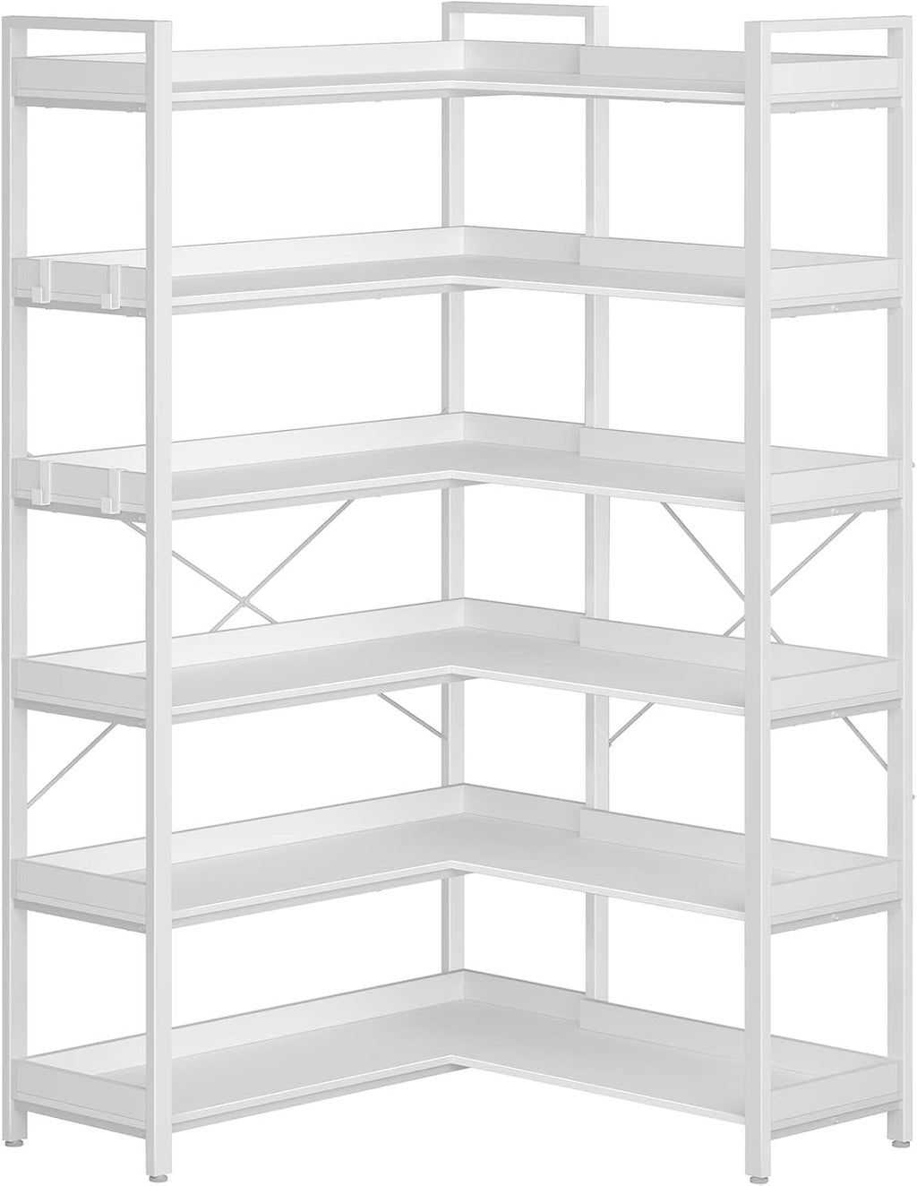 Rolanstar Bookshelf 6 Tier with 4 Hooks, Reversible Corner Bookshelf, 69' Industrial Wooden Bookcase with Open Shelves and Metal Frame for Living Room, Bedroom, Home Office, White