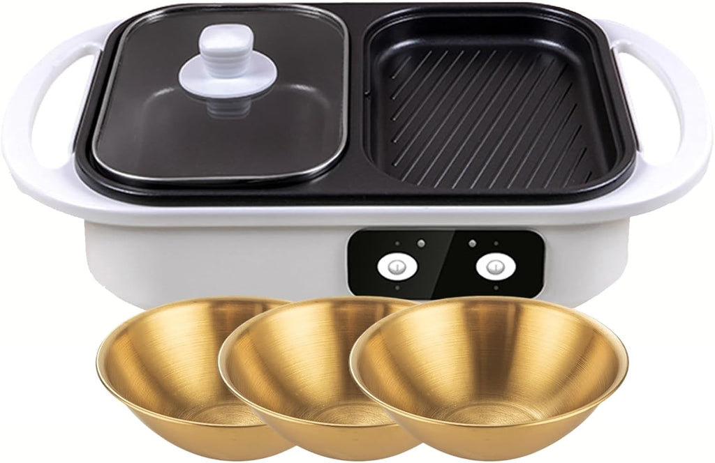 Nonstick Electric Skillets & Hot Pot 1300W Shabu Pot BBQ Plate w/3 Salad Bowls, Food Barbecue Contact Grill with Toughened Glass Cover for Stewed Noodles, Cook Soup(with Divider),white