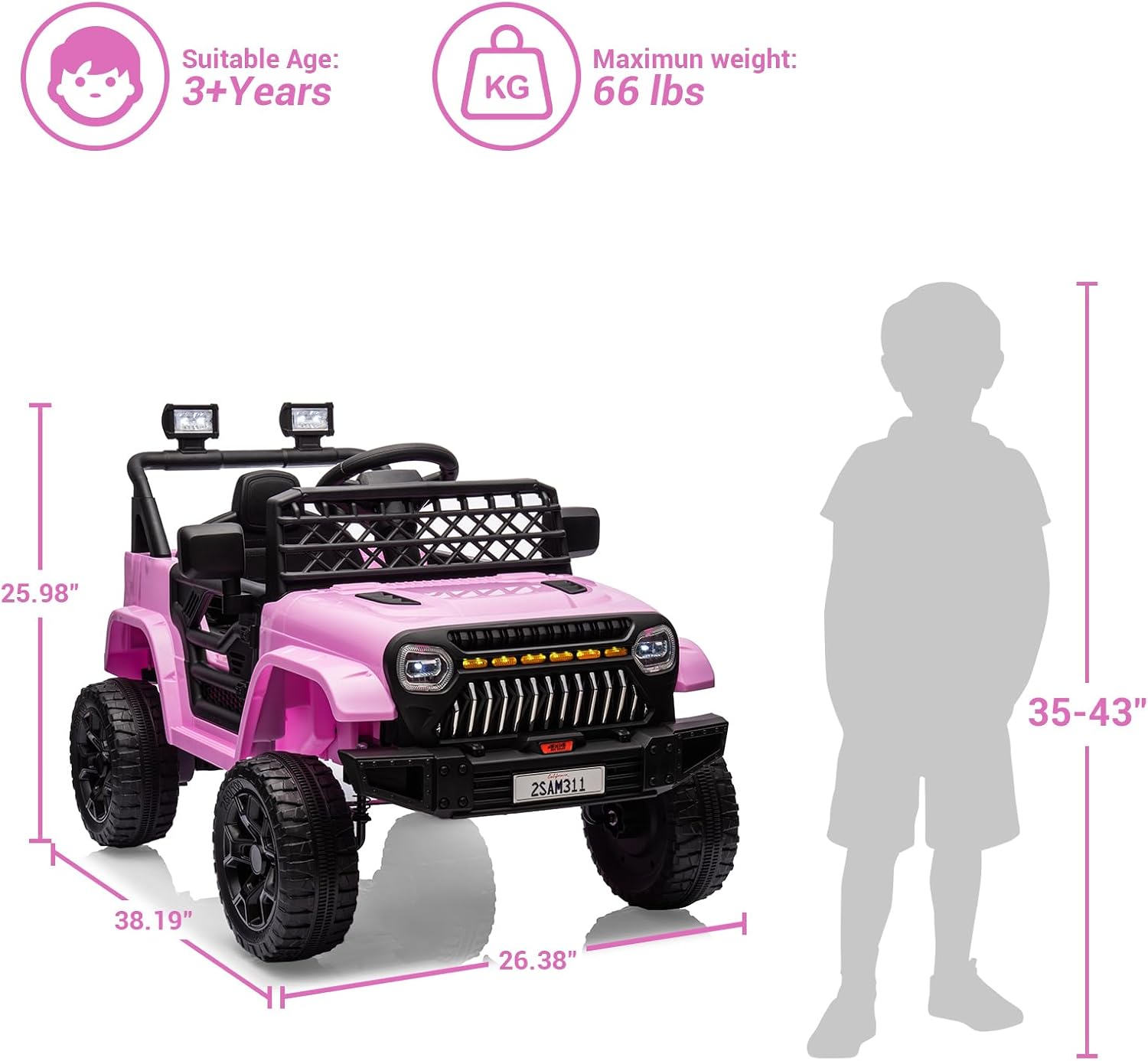 12V Ride On Car for Kids Electric Vehicle Toddlers Battery Powered Truck Car Toy with Remote Control, 4-Wheel Suspension, Battery Display, LED Lights, Music, for Boys Girls, Pink