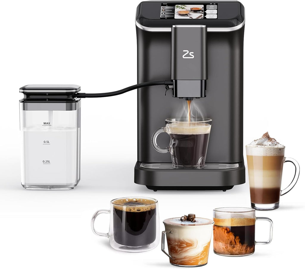 Fully Automatic Espresso Machine with Grinder, Espresso Machine with Milk Frother, 1-15 Adjustable Grind Size Levels, 1.5L Water Tank, Auto-Cleaning, Cappuccino & Latte Machine for Home