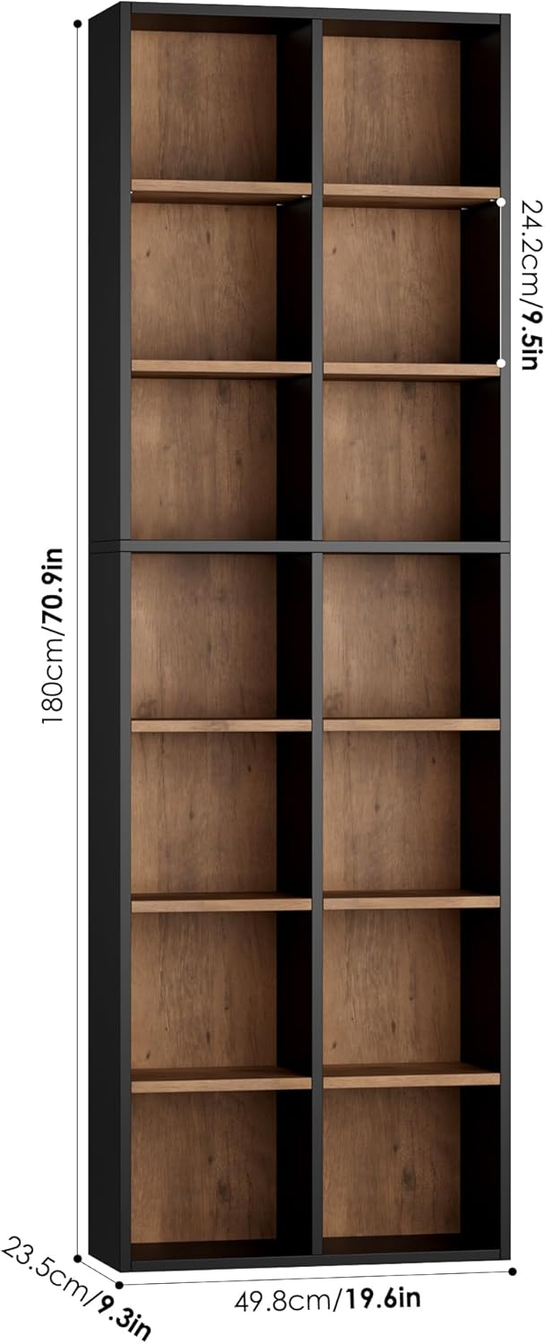 FOTOSOK 71'' Tall Bookshelf with 14 Cubes, 7 Tier Double Wide Wood Bookshelf with 6 Adjustable Shelves, 19.6' Narrow Bookcase DVD/CD Media Storage, Space Saving Display Shelf Cabinet, Black/Brown
