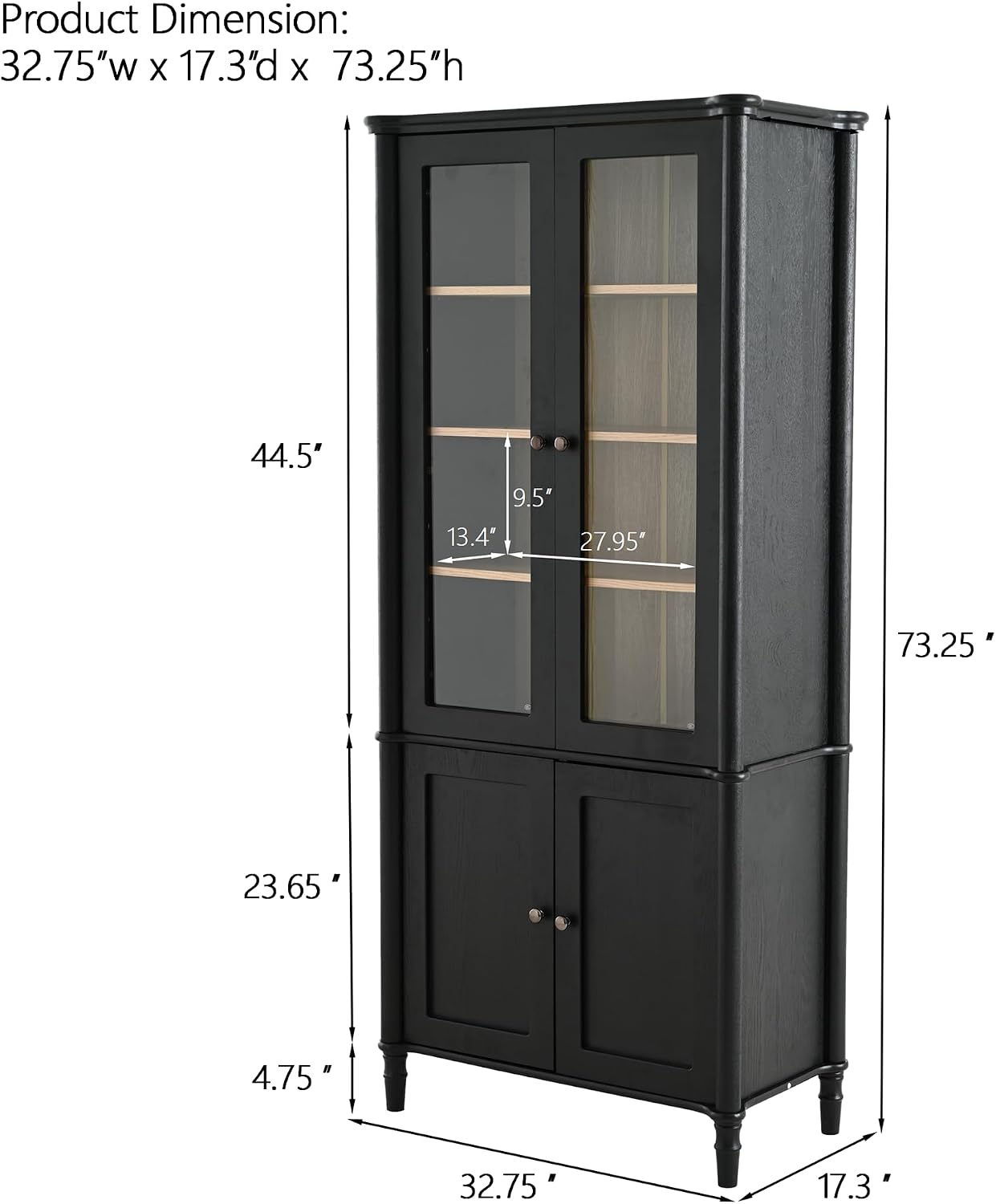 Merax 73.25''H Vintage Display Cabinet with Storage, Mid-Century Modern Pantry Cabinet with Glass Doors, Curio Cabinet for Hallways, Livingroom Kitchen & Office,Black