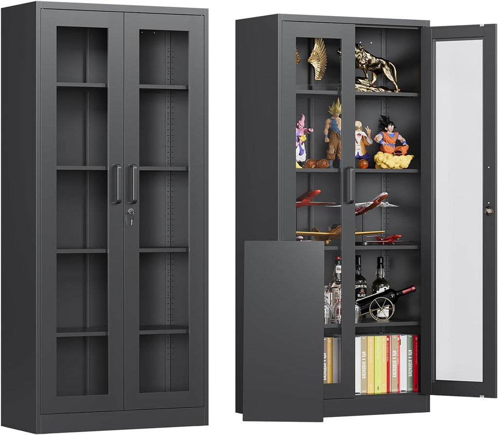 Locking Display Cabinet with Glass Door, 71'H Metal Curio Cabinets with Adjustable Shelves, Black Liquor Caninet Display Case for Living Room, Collectibles, Clinic, Home - Assembly Required