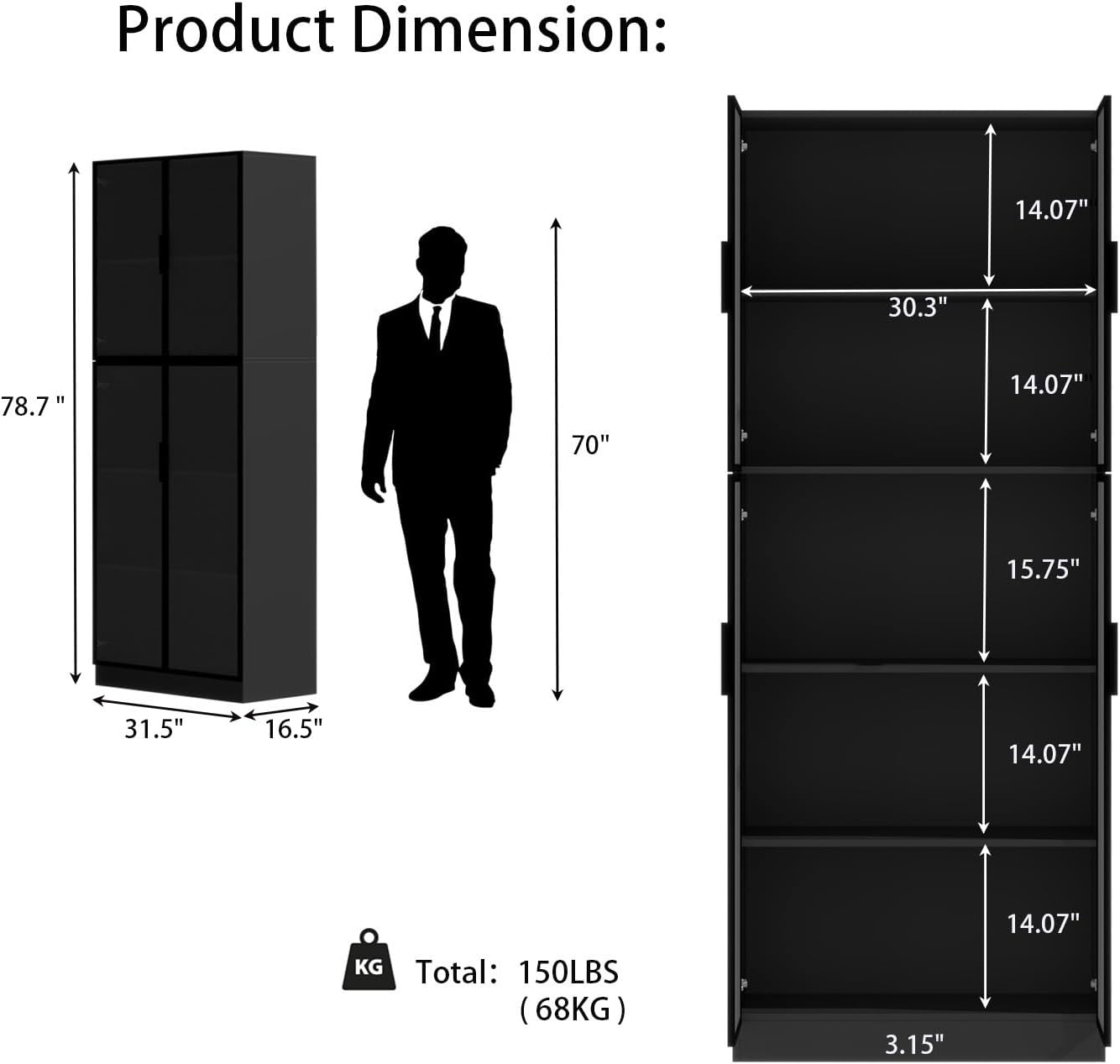 Mekminop Display Cabinet with Glass Doors and Storage Shelve, Modern Display Cabinet for Collectibles Trophy Case for Display - Black (31.5 ''W x 16.5 ''D x 78.7 ''H), HJ-FF10