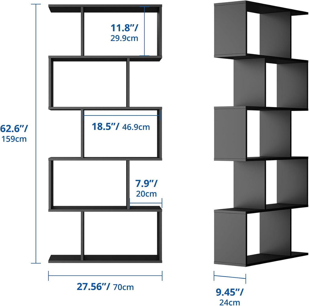 Cozy Castle Set of 2 Geometric Bookcase, S-Shaped Modern Bookshelf, Room Divider Bookshelf, 62' Tall Unique Abstract Bookcase with 5-Tier Display Shelf for Living Room Office, Black