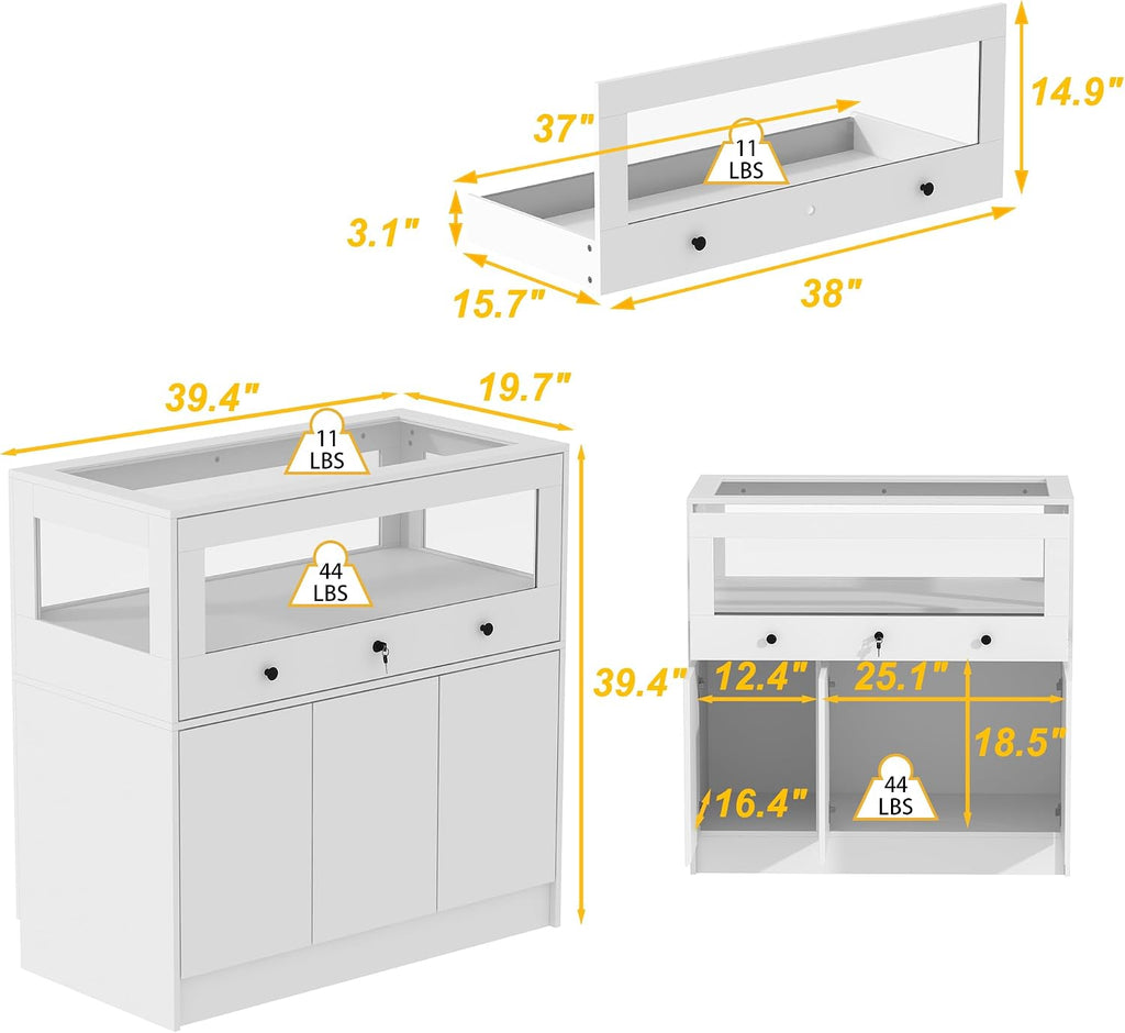 Lockable Glass Display Cabinet Closet Island, Glass Top Storage Cabinet for Retail, Collectibles Showcase with 3 Doors, Walk in Display Island for Retail Shop, Cloakroom, White