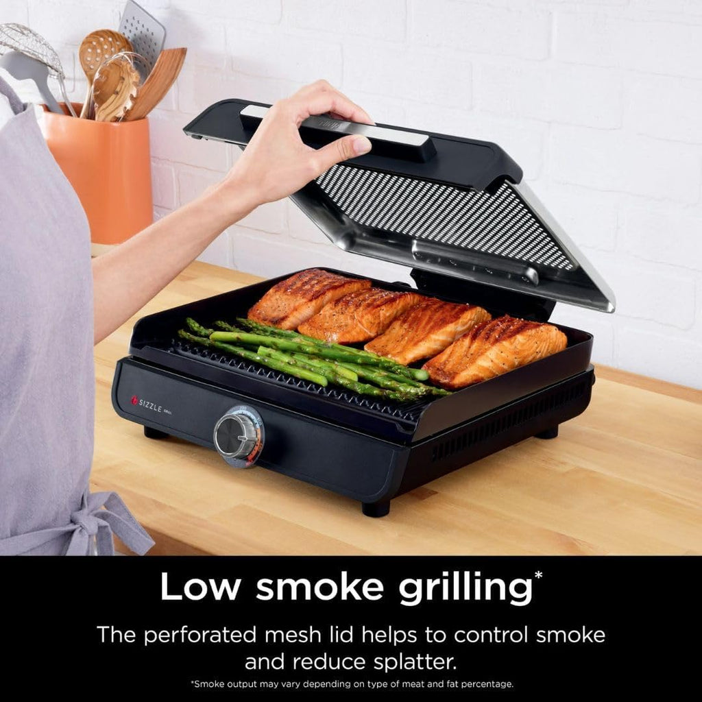 Ninja Sizzle GR100 Smokeless Indoor Grill, 500°F High Heat Kitchen Grill with Nonstick 14-Inch Plate, Low-Smoke Technology, Edge-to-Edge Heating, Family-Sized Capacity, Countertop Cooking Tool