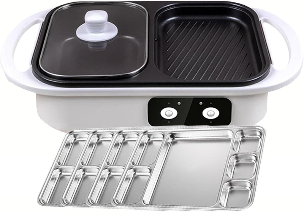 Portable Electric Grill And Hot Pot, Non-Stick And Electric Frying Pans With Divider 2-in-1 Barbecue Contact Grills With Temperature Control, Griddle For Food Commercial,White