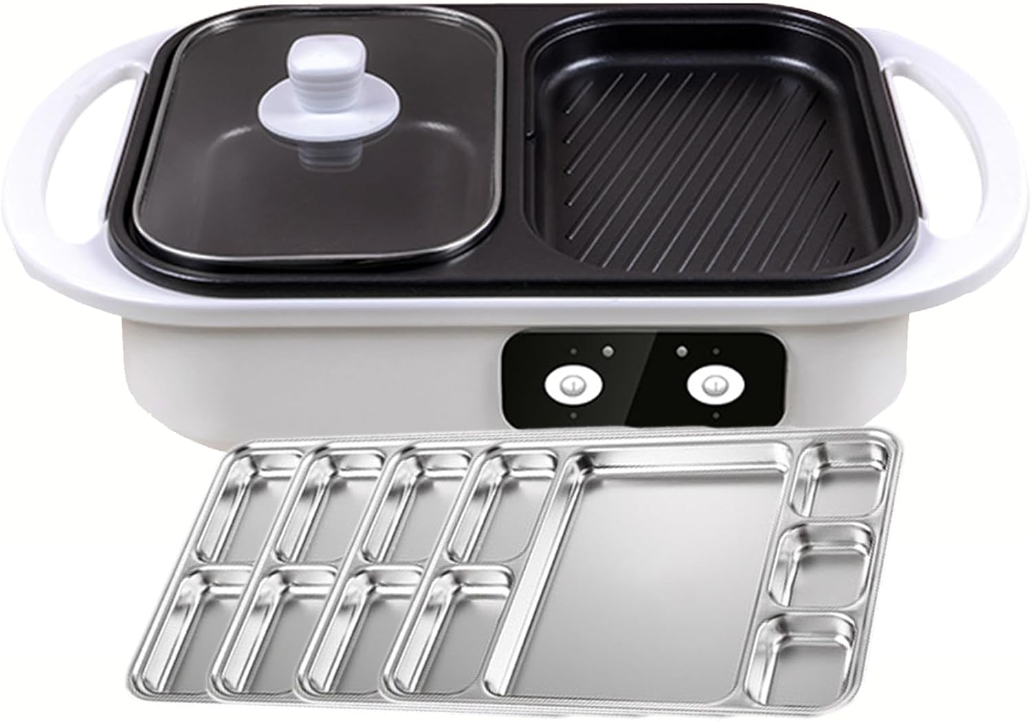 Portable Electric Grill And Hot Pot, Non-Stick And Electric Frying Pans With Divider 2-in-1 Barbecue Contact Grills With Temperature Control, Griddle For Food Commercial,White