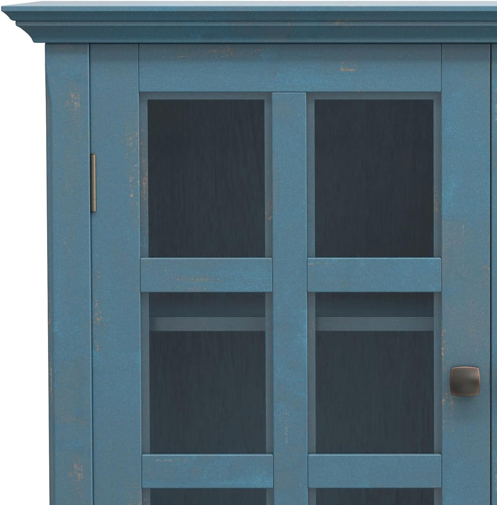 SIMPLIHOME Acadian Storage Cabinet - 39 inch Wide Solid Wood 6-Shelf Medium Storage Cabinet in Distressed Coastal Blue, Transitional Cabinet with Glass Doors for Living Room with Adjustable Shelves