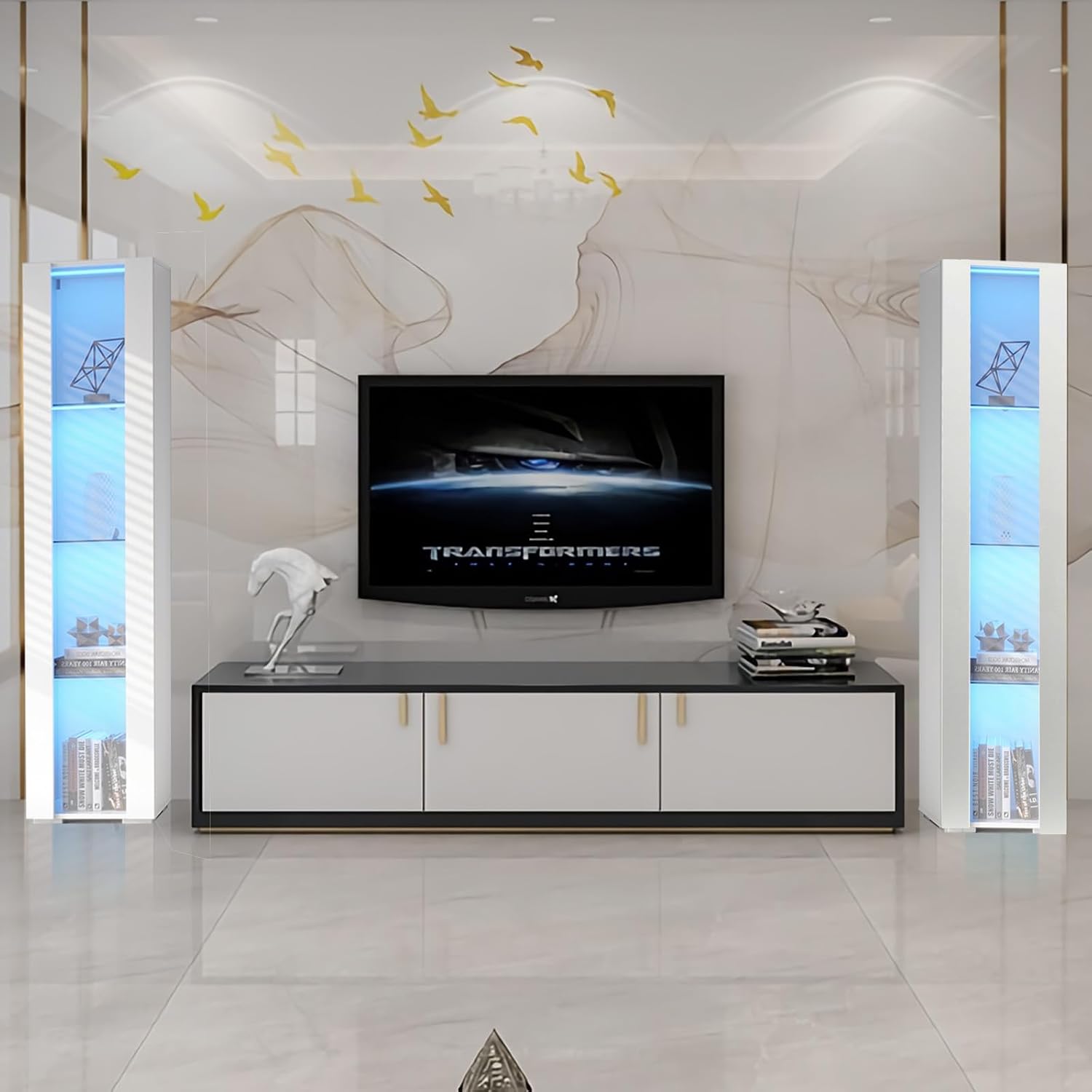 67' LED Display Cabinet with 4 Glass Shelves & 1 Door, Modern Curio Cabinet Collection Display Case Storage Cabinet, High Gloss Floor Standing Bookshelf for Living Room Bedroom Office (White)