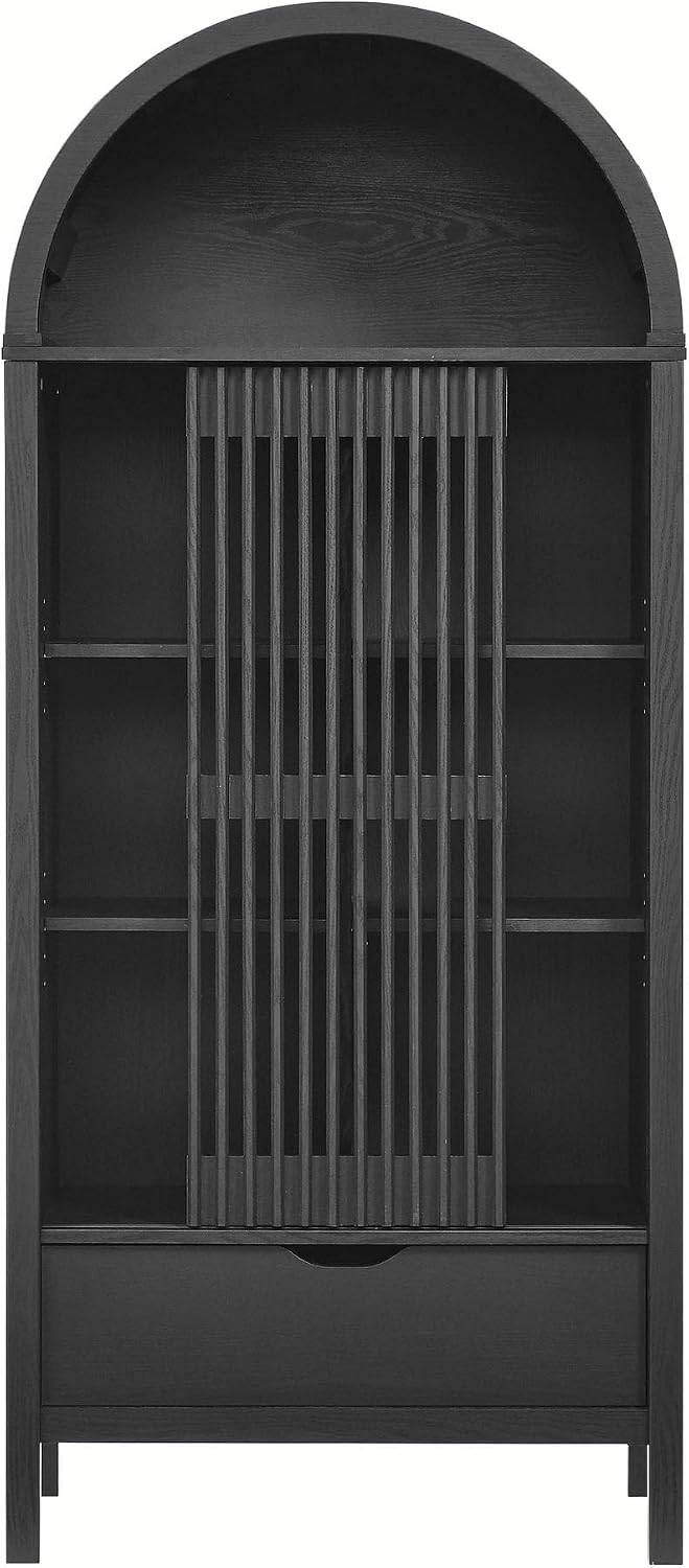 Modway Vaughn 71 Inch Arched Display Cabinet in Black - Modern Arch Bookcase with Drawer and Adjustable Shelves - Tall Storage Cabinet for Living Room, Dining Room, Hallway