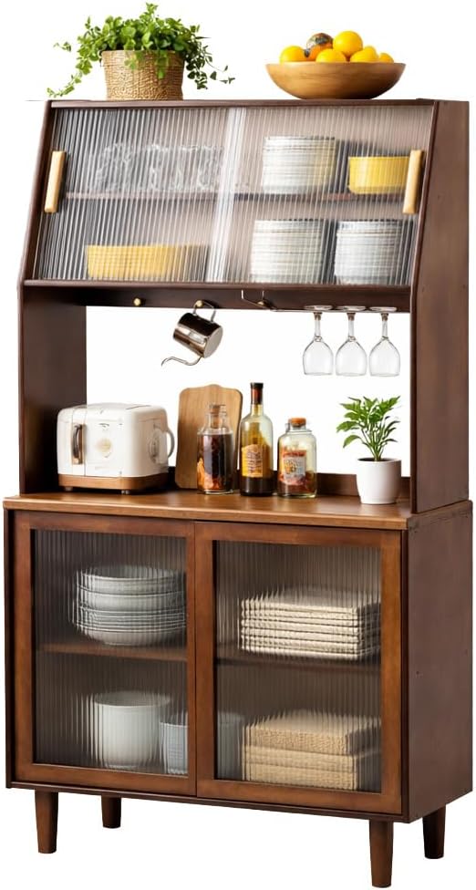 Welnown Kitchen Hutch Cabinet with Countertop, 31' Tall Pantry Storage Cabinet, Rattan Solid Wood Buffet Sideboard, Entryway Storage Table for Living Room, Dining Room, Hallway, Walnut