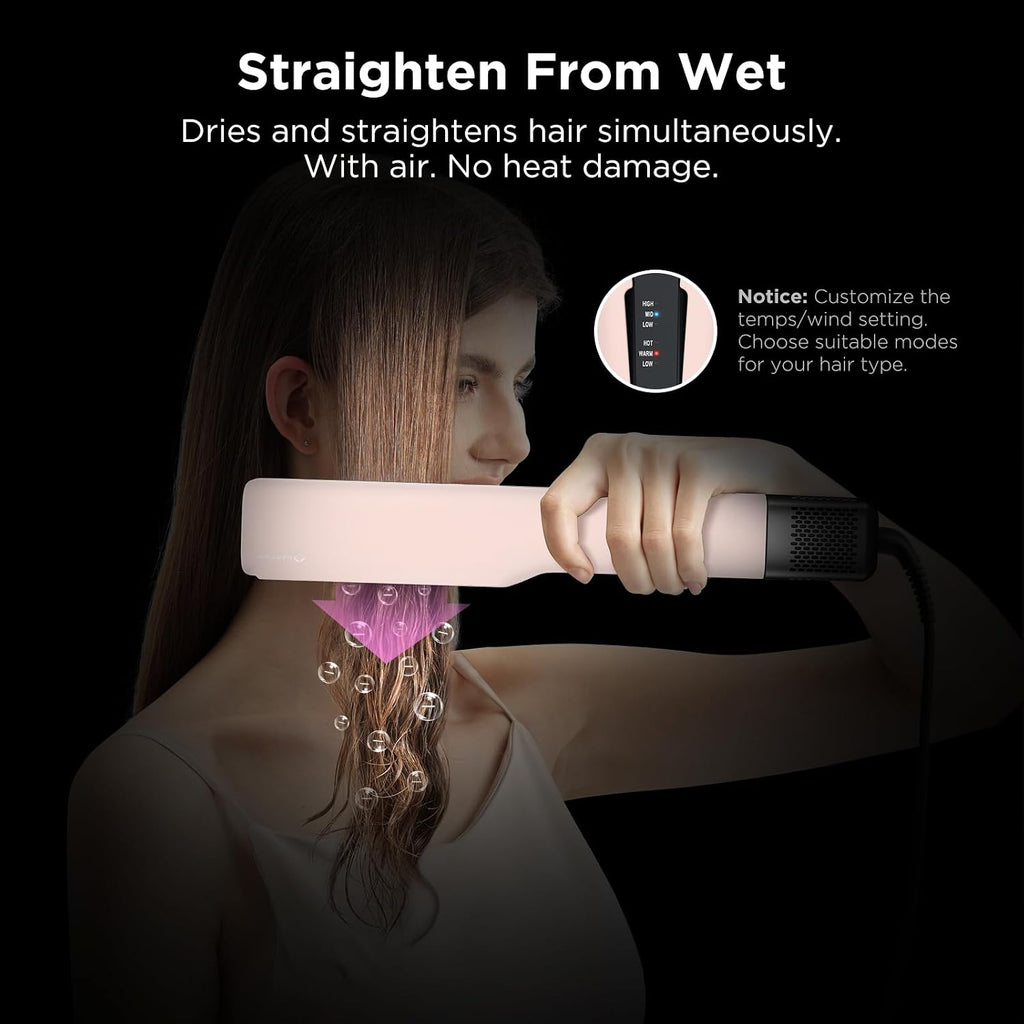 IG INGLAM Air Straightener, Style from Wet Hair, 2.2' Hair Dryer Straightener, 200M Negative Ionic, One-Step Air Straight for Medium and Long Hair(14'-30'), Pink