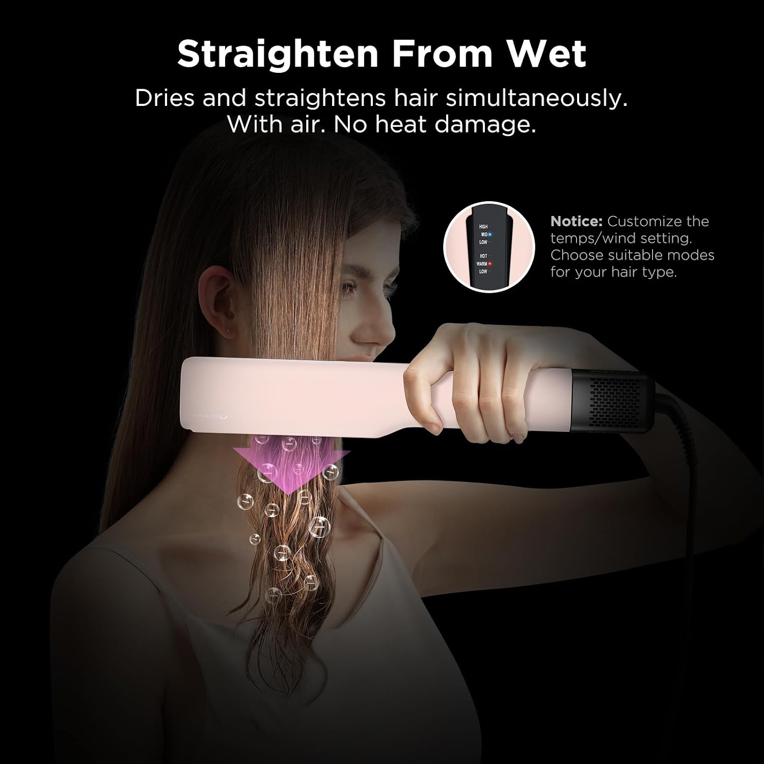 IG INGLAM Air Straightener, Style from Wet Hair, 2.2' Hair Dryer Straightener, 200M Negative Ionic, One-Step Air Straight for Medium and Long Hair(14'-30'), Pink