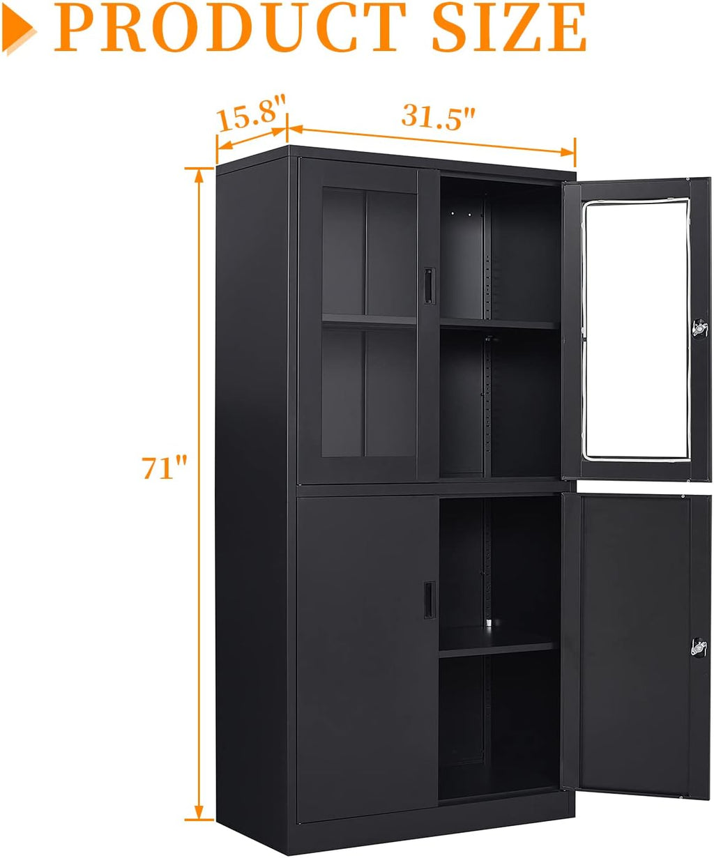 Black Metal Storage Cabinet with Glass Doors, 71' Locking Glass Door Cabinet with 2 Adjustable Shelves, Steel Storage Cabinet with 4 Doors for Home, Living Room, Bathroom