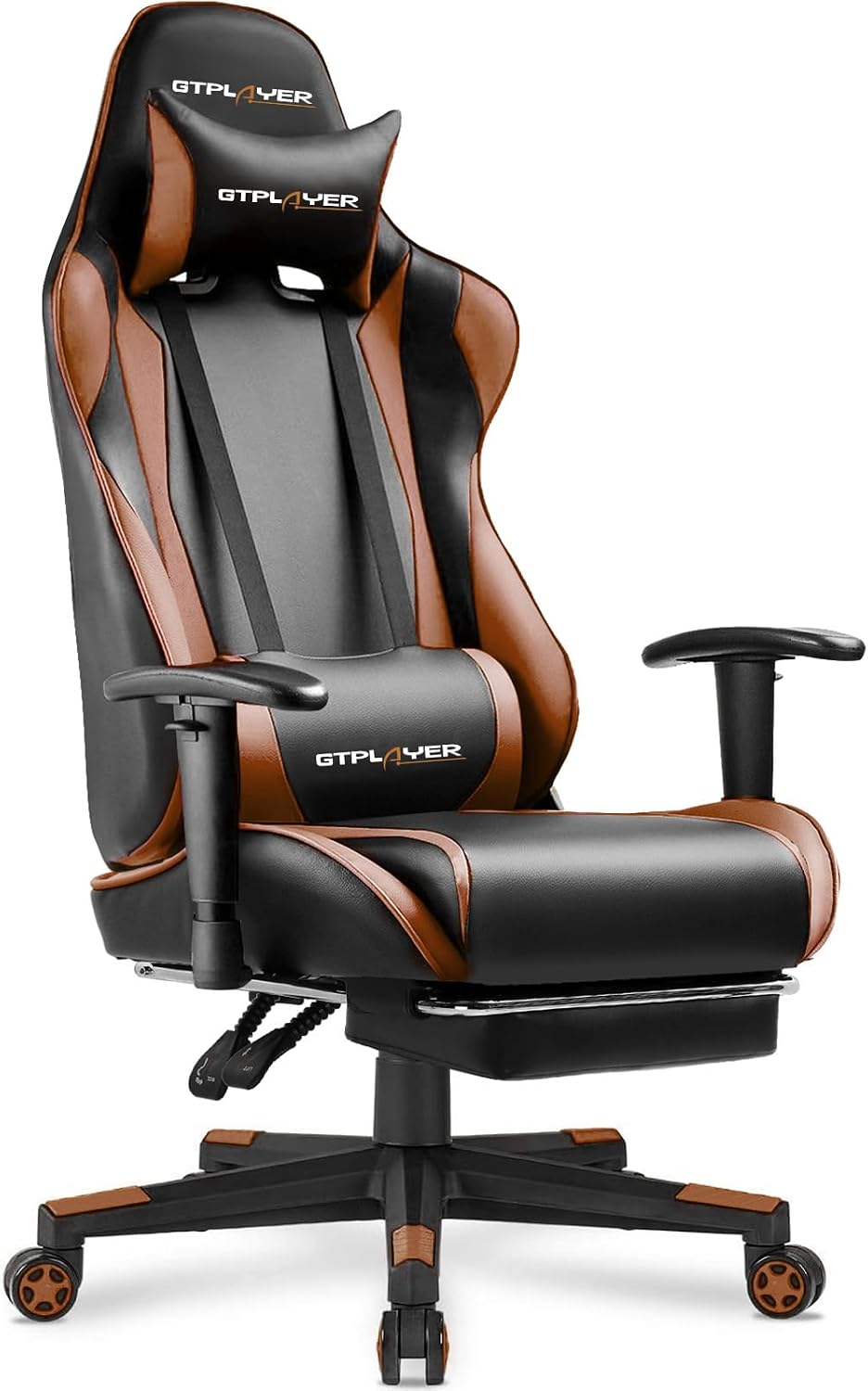 GTPLAYER Gaming Chair with Footrest, Ergonomic Computer Game Desk Chair, Reclining Gaming Chair Seat Height Adjustment, Swivel Rocker with Headrest and Lumbar (Brown)