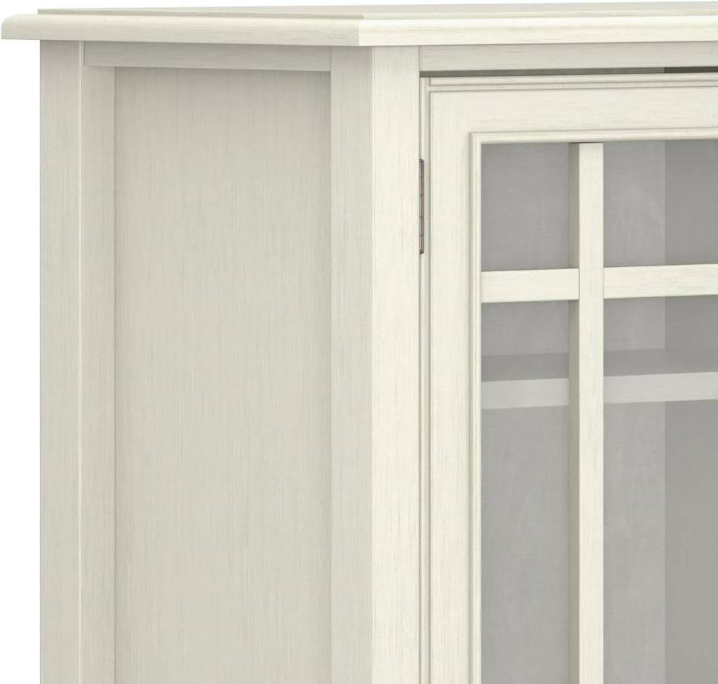 SIMPLIHOME Connaught Storage Cabinet - 46 inch Wide Solid Wood Tall Cabinet in Antique White, Traditional Console for Living Room or Dining Room with Glass Doors, Adjustable Shelves, and Drawers