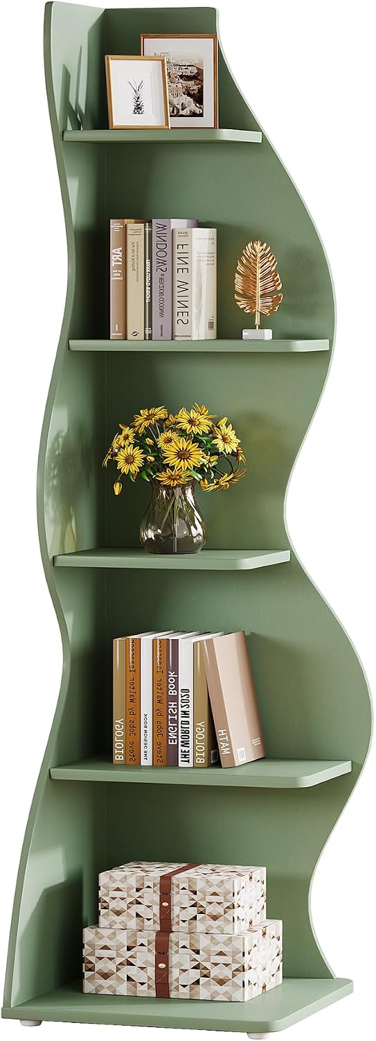 Tribesigns Wavy Corner Shelf Set of 2, Modern 5-Tier Bookshelf Etagere Bookcase with Curvy Shape, Unique Plant Stand Display Shelf for Living Room Small Space (Green)
