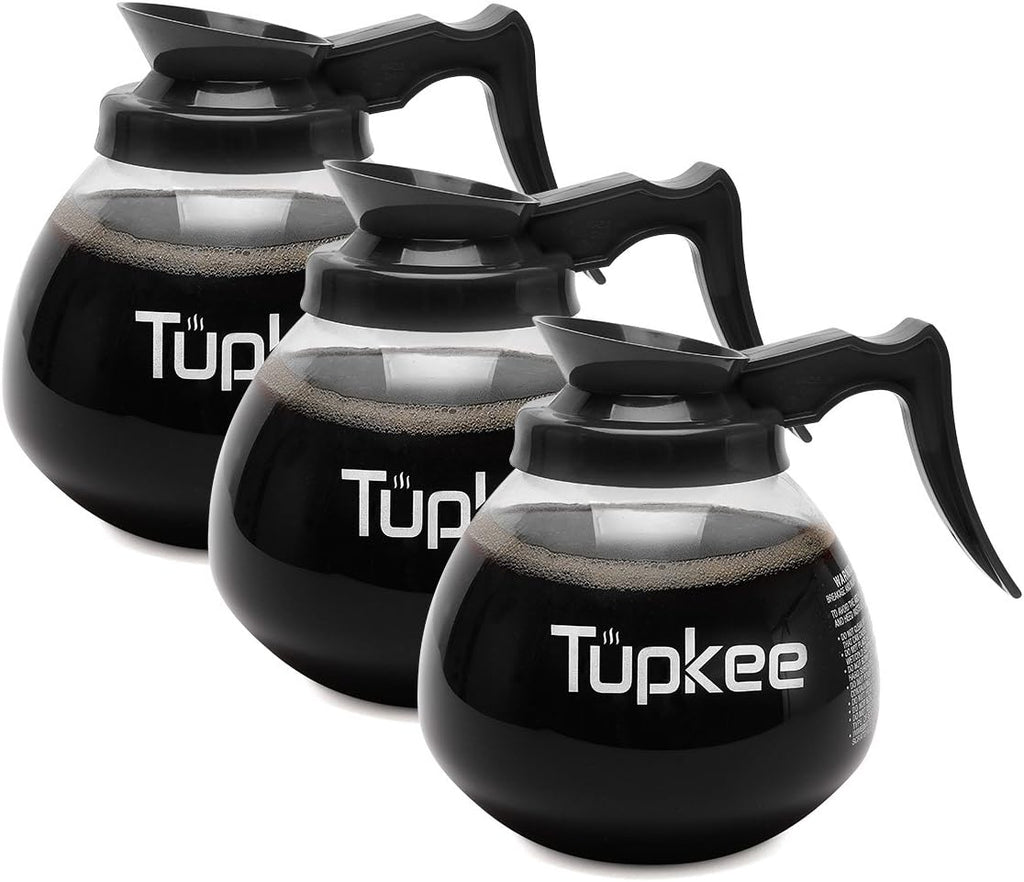 Glass Coffee Pots Decanter Carafe -Glass, 64 oz. 12-Cup, Set of 3 Black Handle + BONUS + Tupkee Coffee Machine Descaler & Cleaning Solution – For Drip Coffee Maker, Espresso and Keurig Coffee Machines