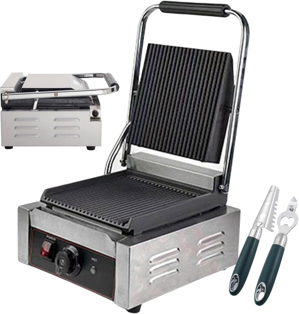 Electric Sandwich Maker 1800w Electric Contact Grill, Non-Stick Sandwich Toaster, Adjustable Temperature Control From 50-300°C, For Commercial Use (Grooved/Smooth),grooved