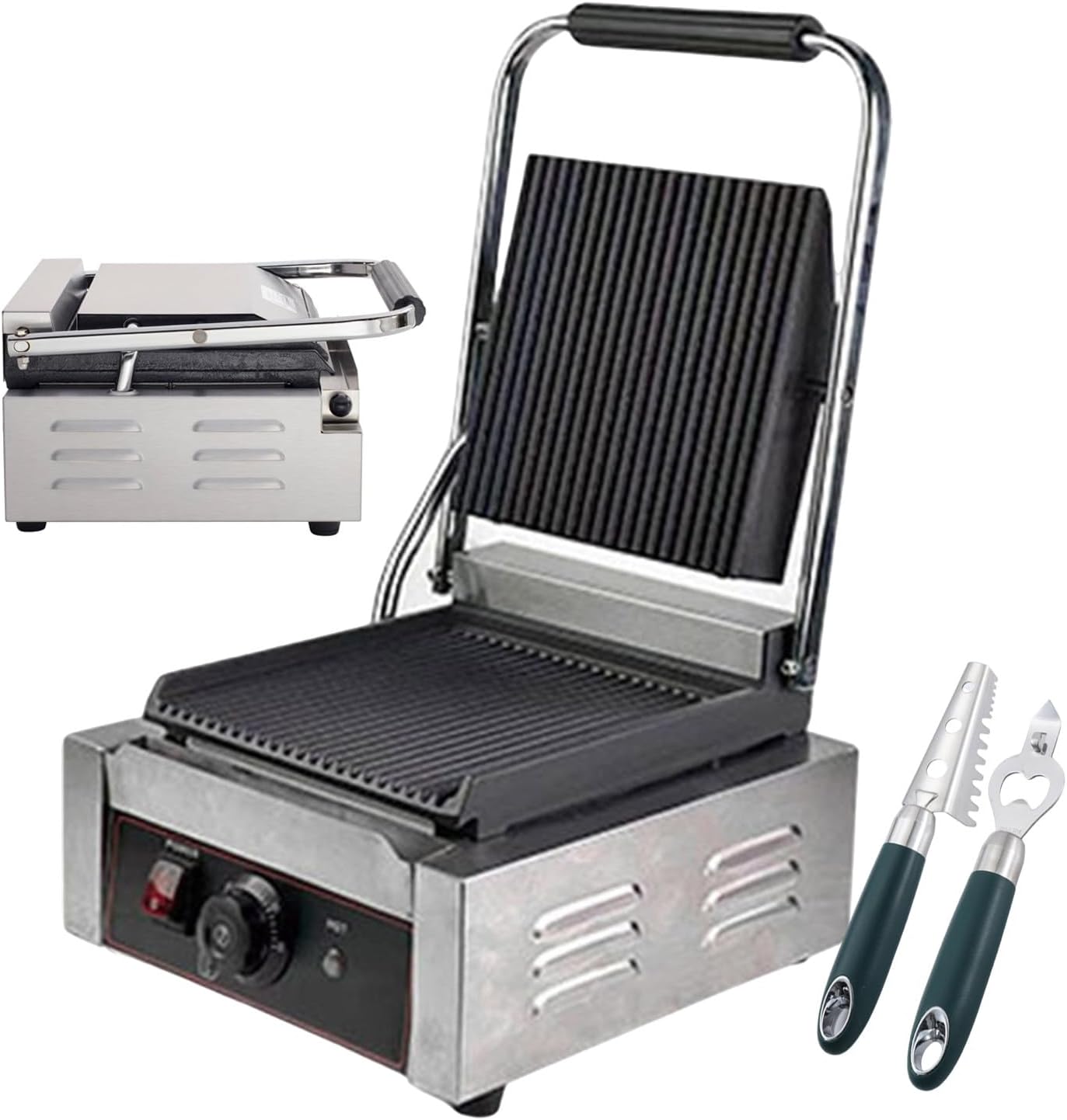Electric Sandwich Maker 1800w Electric Contact Grill, Non-Stick Sandwich Toaster, Adjustable Temperature Control From 50-300°C, For Commercial Use (Grooved/Smooth),grooved