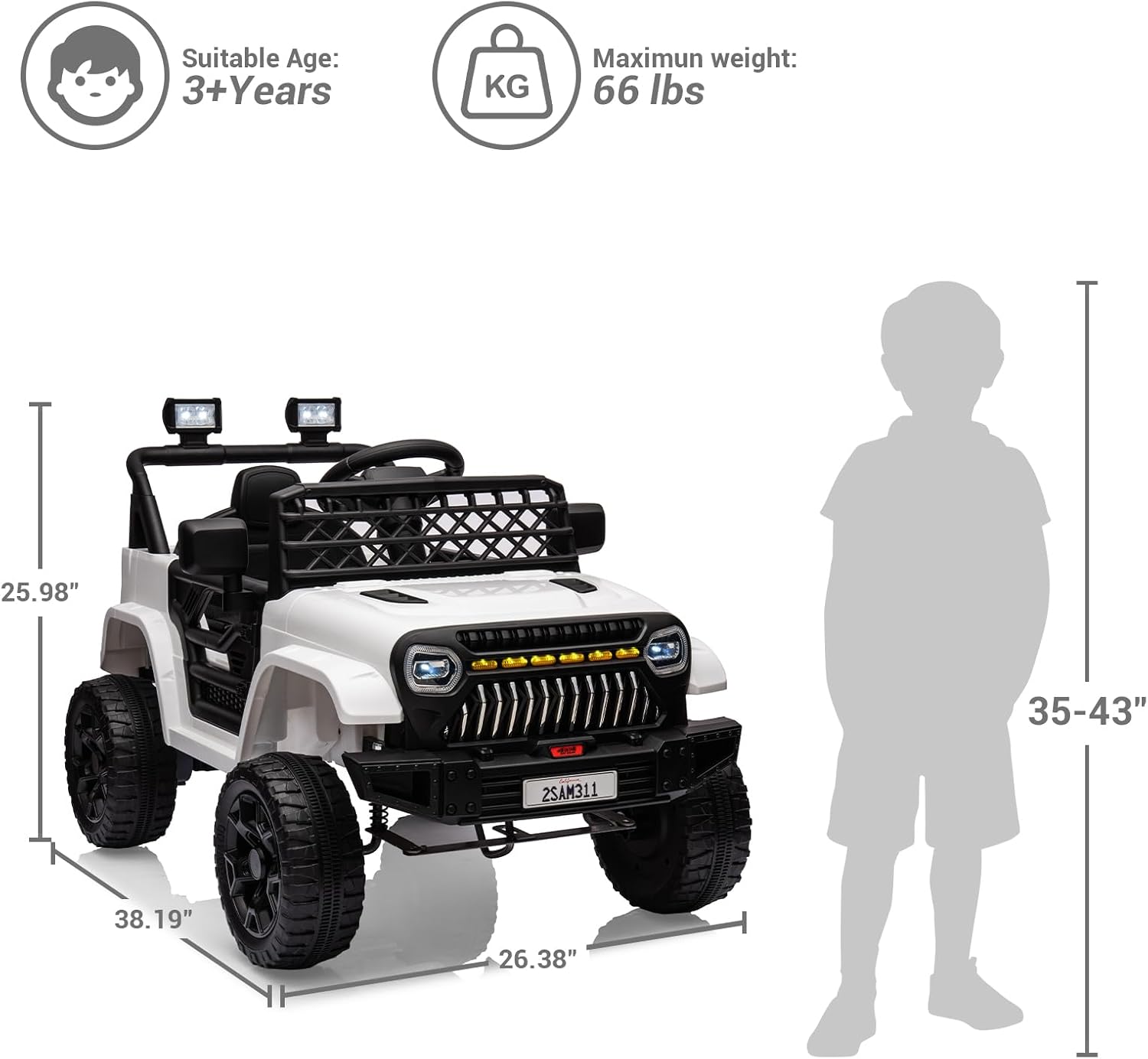 12V Ride On Car for Kids Electric Vehicle Toddlers Battery Powered Truck Car Toy with Remote Control, 4-Wheel Suspension, Battery Display, LED Lights, Music, for Boys Girls, White