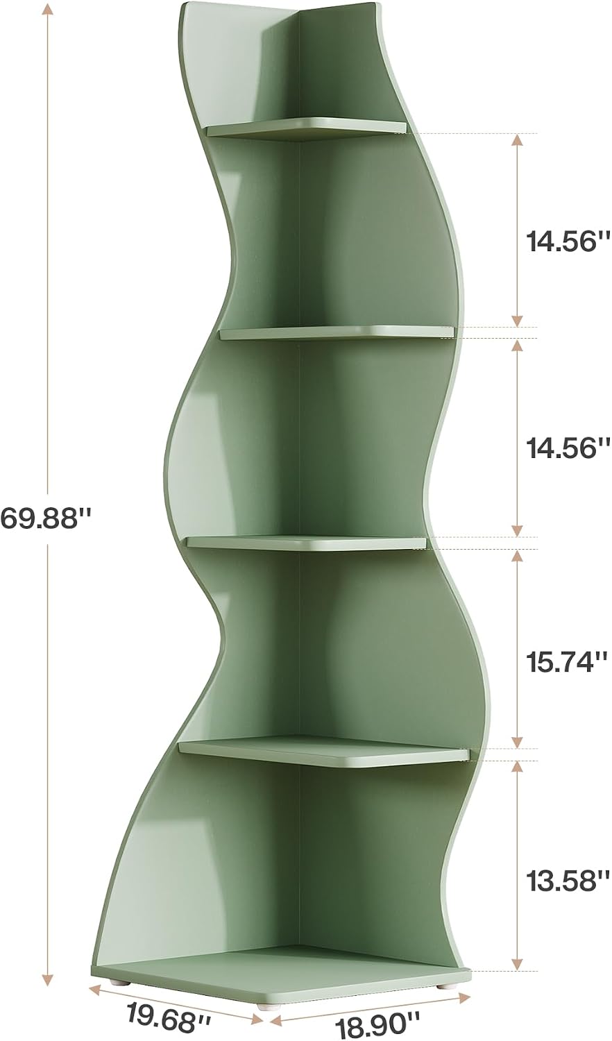 Tribesigns Wavy Corner Shelf Set of 2, Modern 5-Tier Bookshelf Etagere Bookcase with Curvy Shape, Unique Plant Stand Display Shelf for Living Room Small Space (Green)