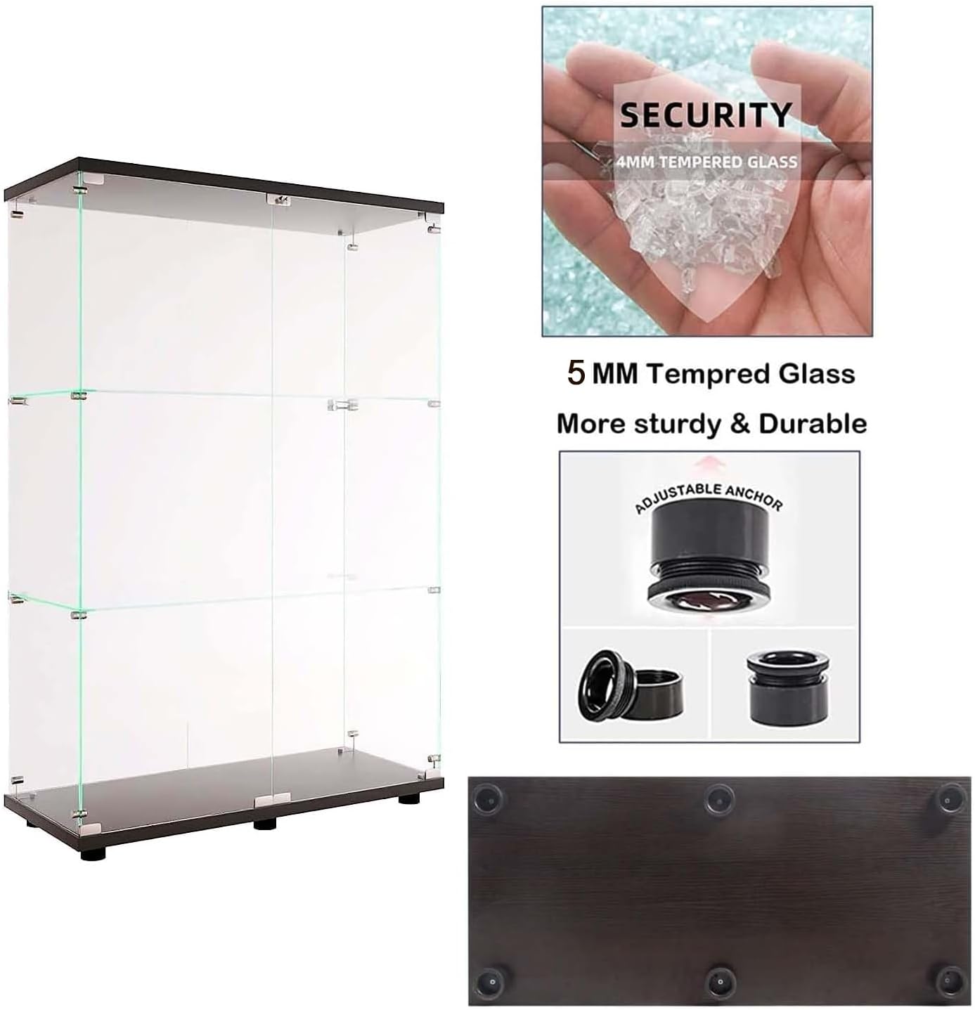 APRILSOUL Glass Display Cabinet 3-Shelf with Double Door, Curio Display Cabinet with 5mm Tempered Glass Floor Standing Bookshelf for Bedroom, Living Room, 49 x 31.7 x 14.3 in