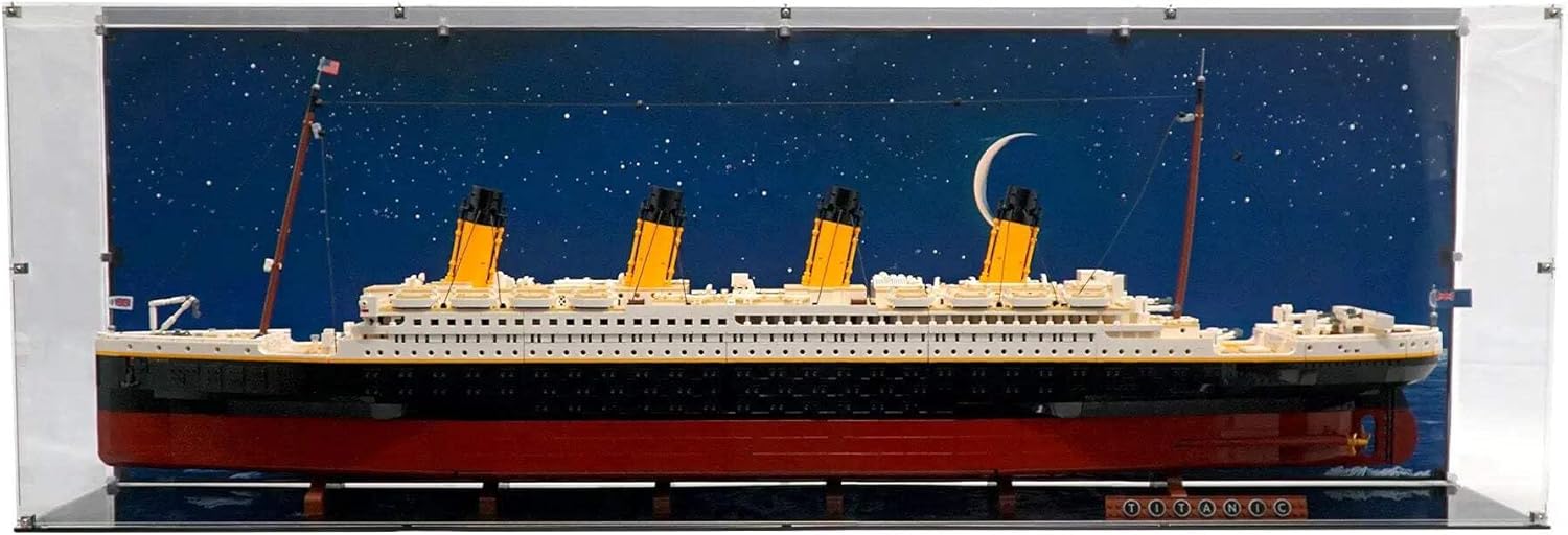 Display Case Compatible with Lego 10294 - Titanic - Acrylic Dustproof Showcase with Pre-Printed Frozen Nightfall (Nighttime) Background - Set Not Included