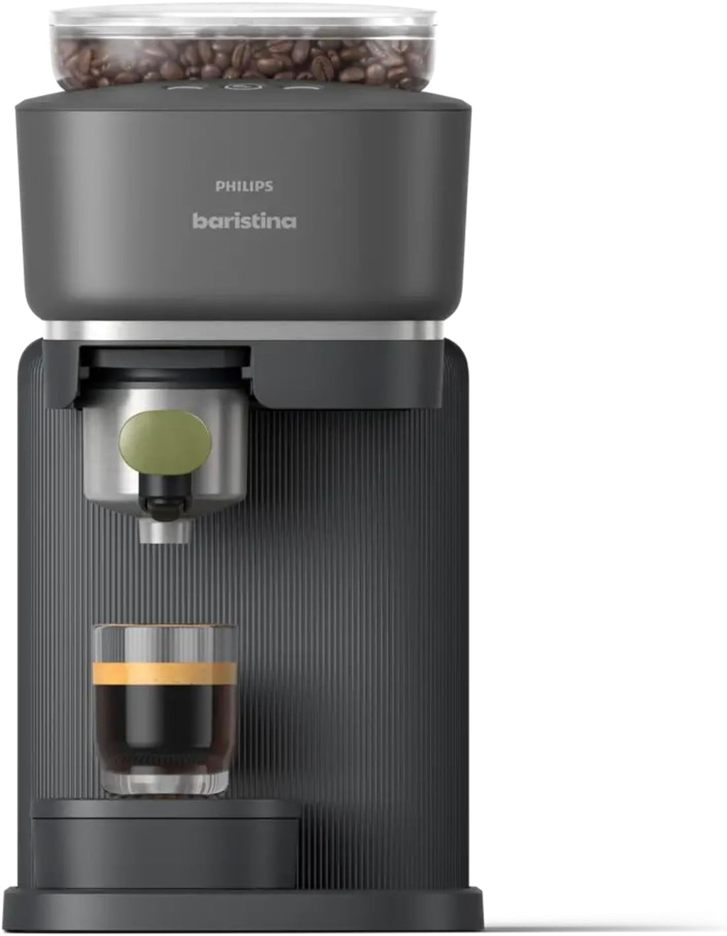 Philips Baristina Espresso Machine, Grind, Tamp & Brew Coffee Beans in One Swipe, Compact, 16 Bar Pump Pressure, Automatic Grinder, Black with Natural Green Portafilter (BAR321/64)