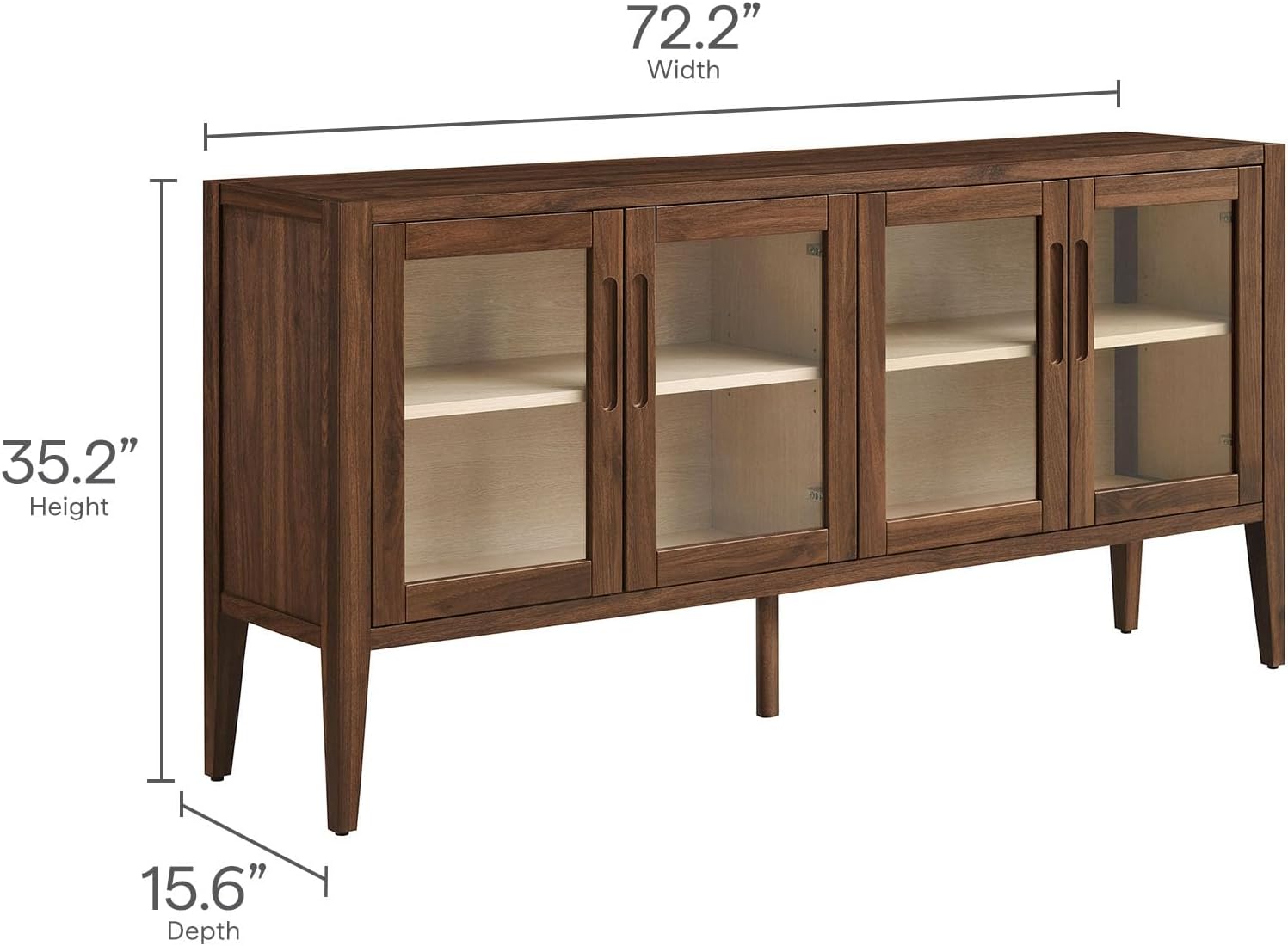 Modway Nell 72 Inch Sideboard Buffet Cabinet with Glass Doors in Walnut – Modern Storage Display Case with Adjustable Shelves for Dining Room, Kitchen, Living Room