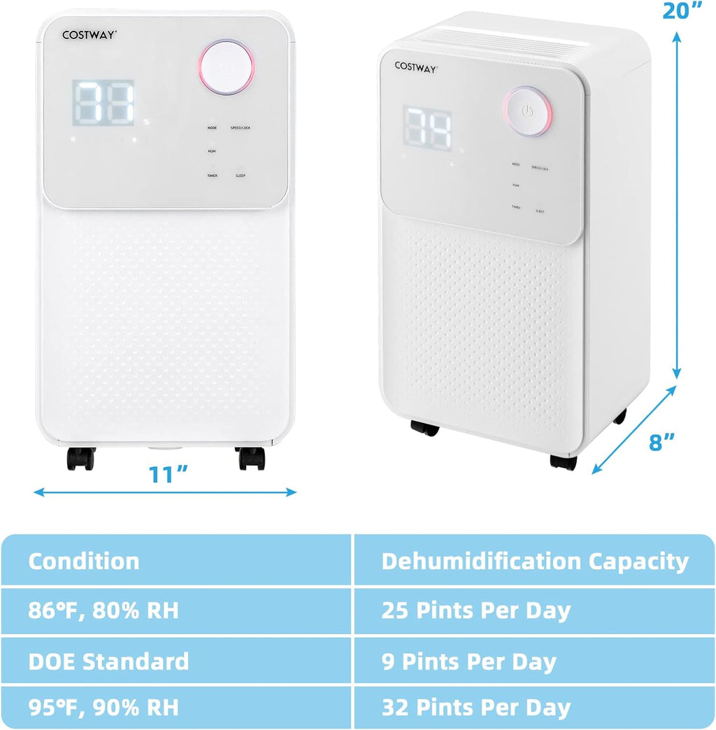 COSTWAY 2000 Sq. Ft Dehumidifier for Large Room & Basement, 32 Pint Dehumidifier with Drain Hose, 4 Modes, 2 Speeds, 24H Timer, Auto Defrost, 3-Color Digital Display