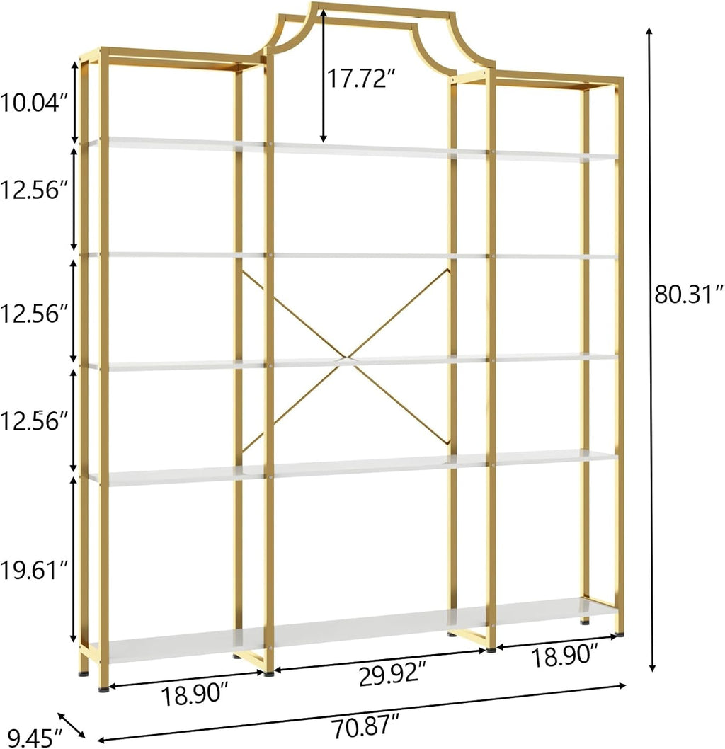 Auromie Triple Wide 5-Tier Bookshelf, 70.87' L x 79.13' H Extra Large Gold Bookcase, Tall Display Shelf with Metal Frame, Freestanding Etagere Storage Display Shelf for Home Office, White Gold