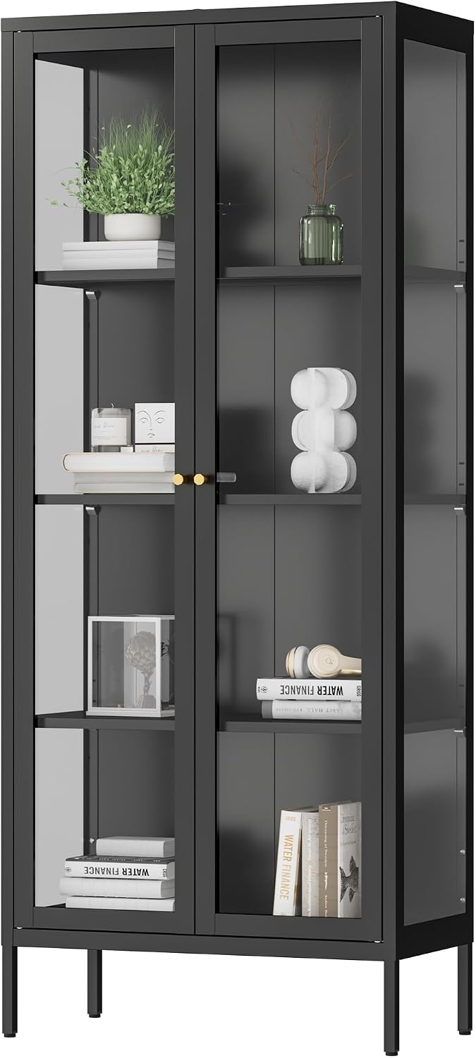 Polup Display Cabinet with 3 Side Tempered Glass, 66' Tall Curio Cabinet with Glass Doors, Black Display Case for Collectibles, Metal Storage Cabinet & Bookcase for Living Room, Assemble Required