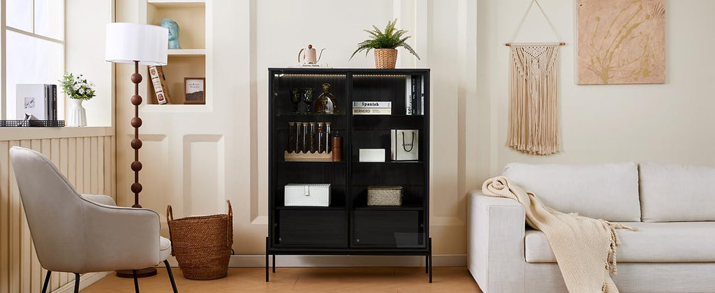 51' Modern Aluminum-Frame Showcase Cabinet, Lego Display Case with Glass Doors, Lego Display Shelves with LED 4-Tier for Home Office Living Room, Black