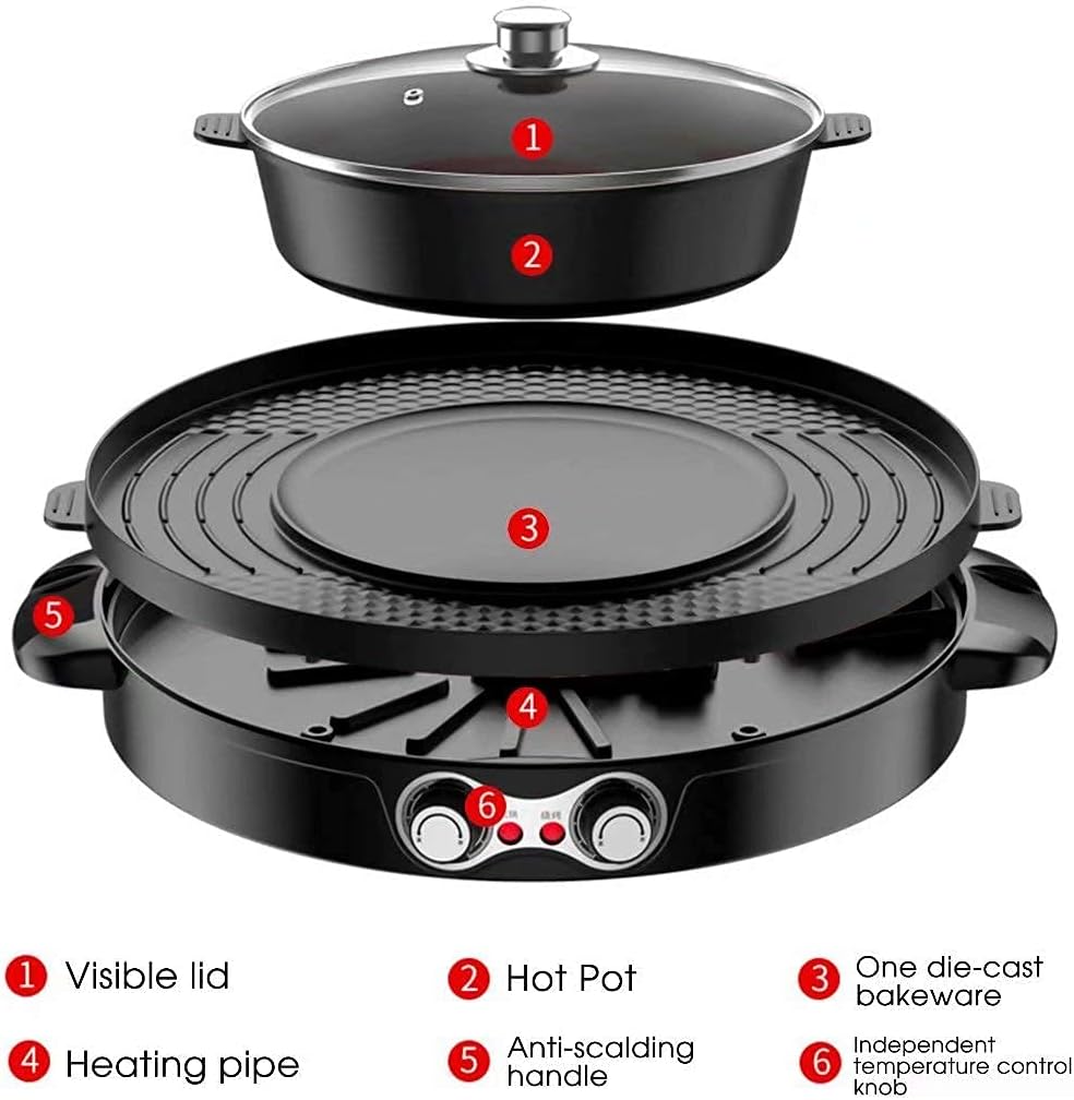 Portable Electric Grill,2-in-1 Electric Smokeless Grill Hotpot,Extra Large Surface Nonstick Pan,Adjustable Temperature Range 0°-1200°C,Indoor and Outdoor Use Useful (Black A)