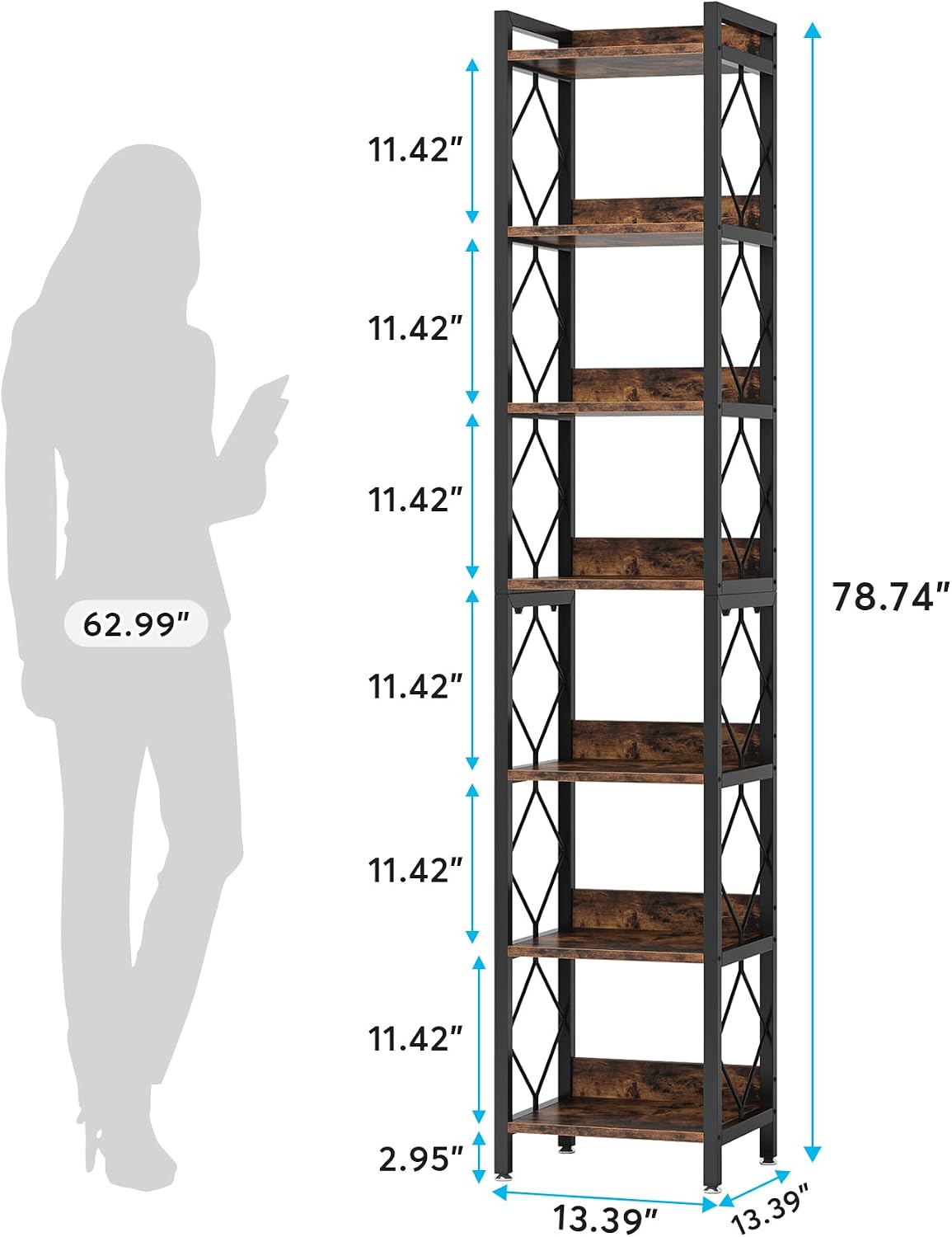 Tribesigns 78.7 Inch Extra Tall Narrow Bookshelf Set of 2, 7 Tier Skinny Bookcase for Small Spaces, Freestanding Display Shelves, Multifunctional Corner Storage Organizer for Home Office, Rustic Brown