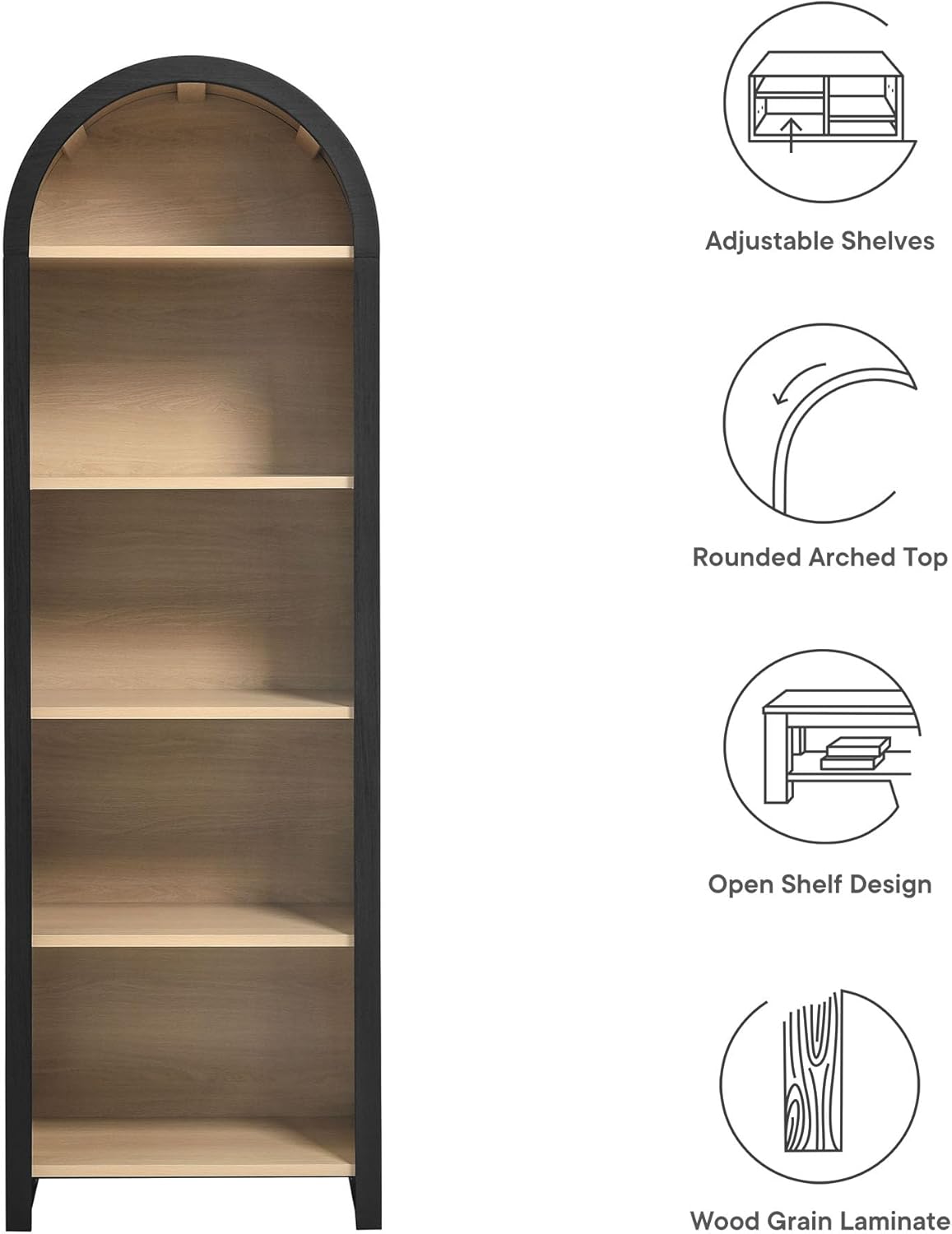 Modway Evie Modern Arched Narrow Bookcase in Black - 71 Inch Open Shelf Display Cabinet - Stylish 5-Tier Bookshelf for Living Room, Dining Room, or Home Office