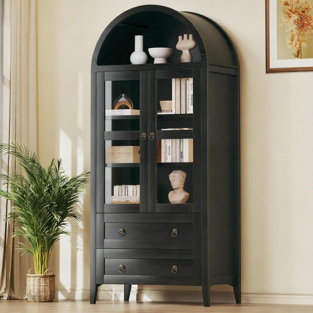 HUAHUU 71' Tall Arched Kitchen Pantry, Arched Cabinet, Kitchen Storage Cabinets with 2 Large Drawers & Adjustable Shelves & Glass Door for Living Room, Dining Room, Black