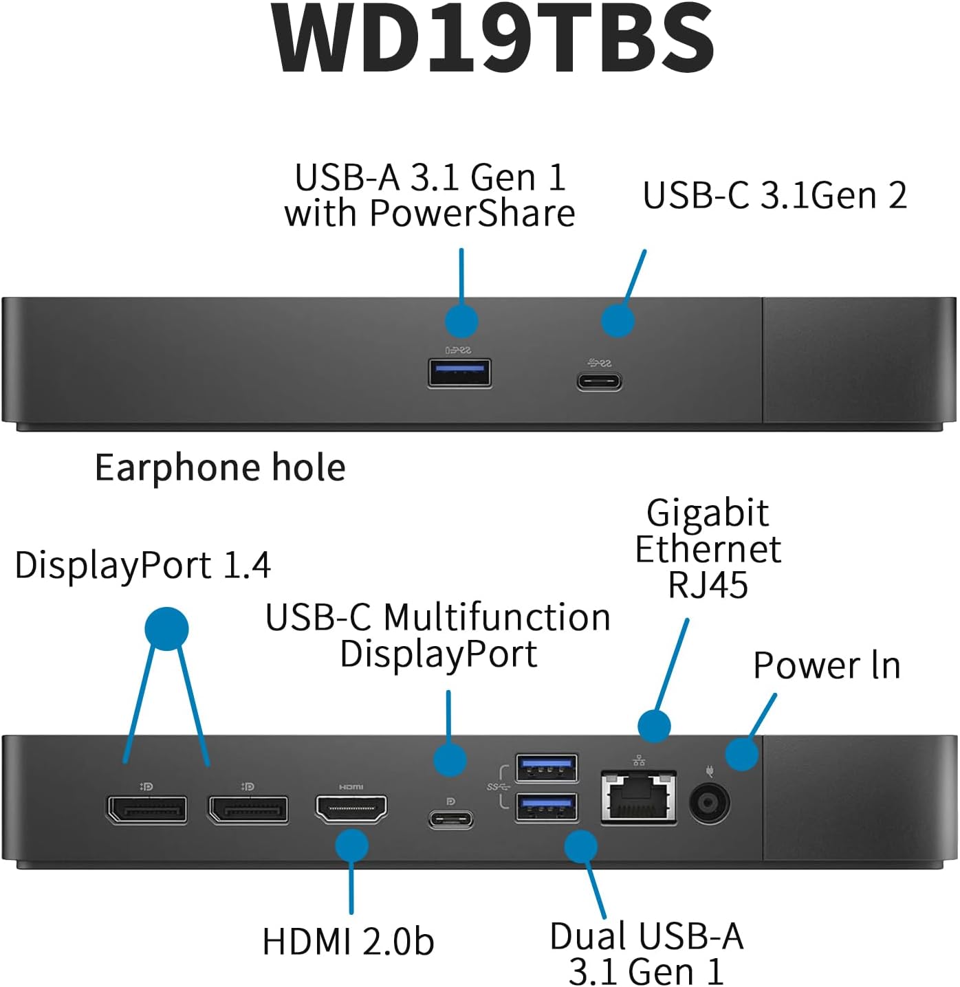 Dell WD19TBS Docking Station, Performance Dock WD19TBS with 180W Power Adapter + 130W Power Delivery + HDMI Cable + DisplayPort Cable