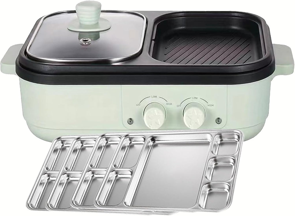 Portable Electric Grill And Hotpot, Non-Stick And Electric Frying Pans With Divider 2-in-1 Barbecue Contact Grills With Temperature Control, Griddle For Food Commercial,Green