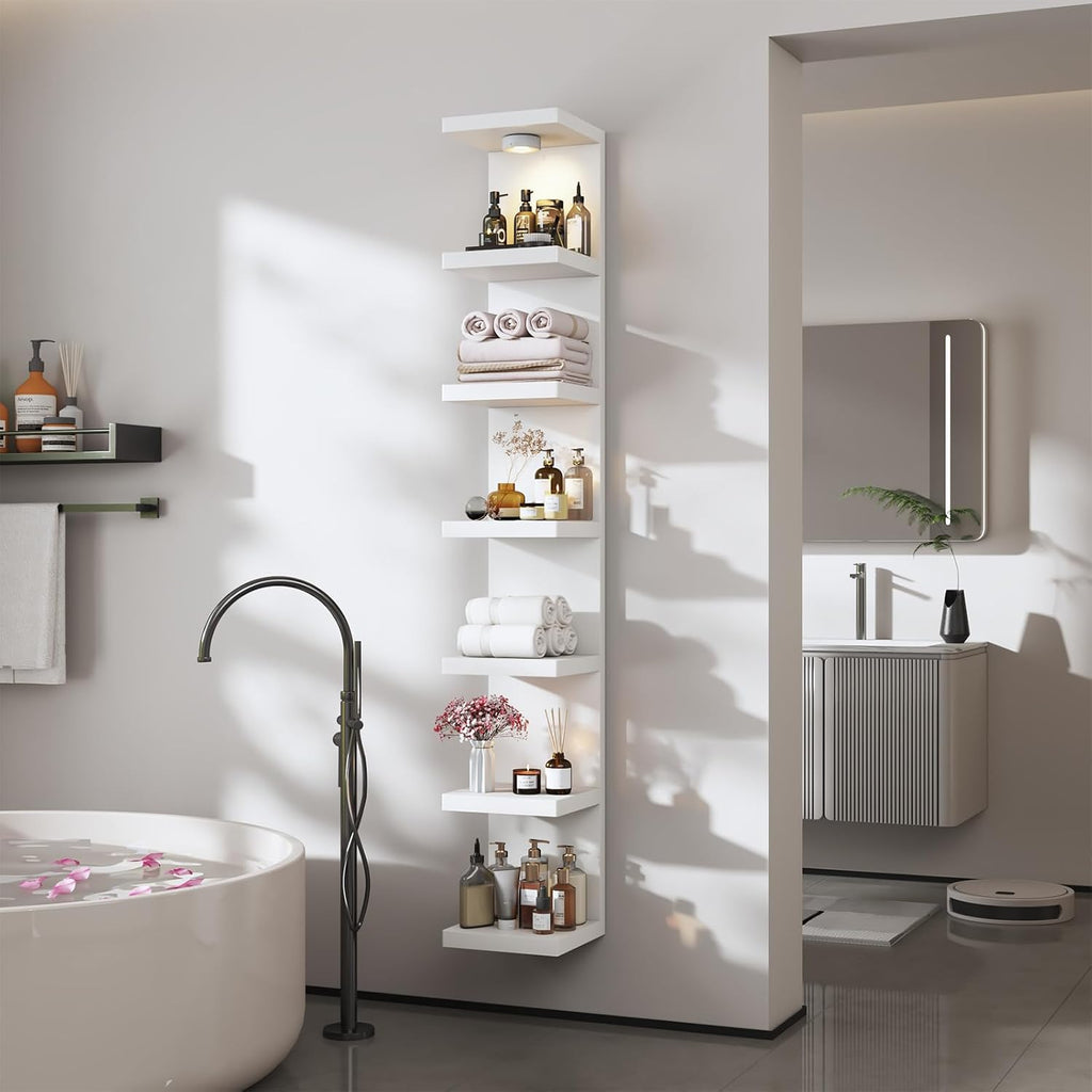 2 Pack-7 Tier Vertical Wall Shelf Unit with USB Rechargeable LED Light (Remote Controlled),Floating Lack Shelf,Versatile Display Shelves for Home Storage, Decor,Vanity-White